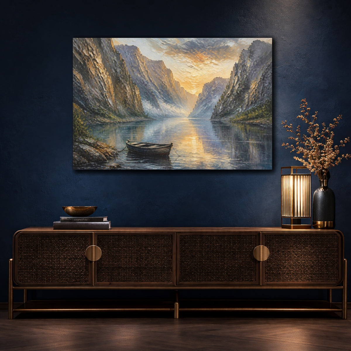 Mockup 4. Rowboat Sunset Landscape shown as canvas print