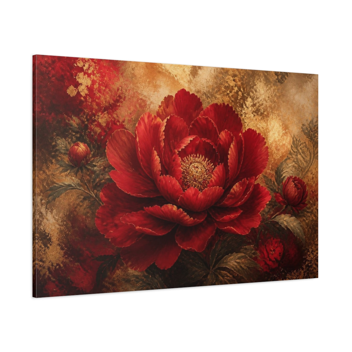 Side Mockup 1. Ruby Bloom In Gold shown as canvas print