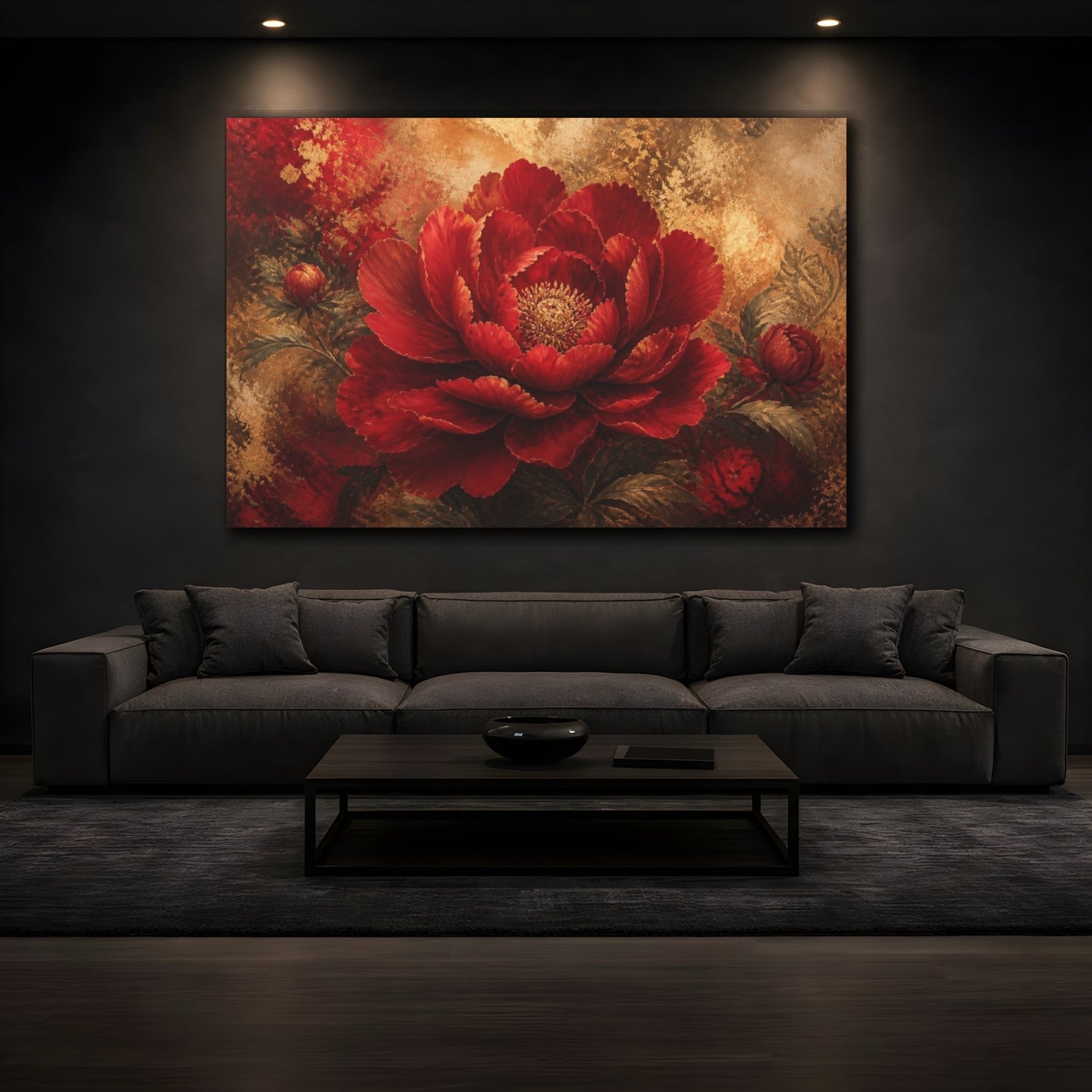 Mockup 3. Ruby Bloom In Gold shown as canvas print