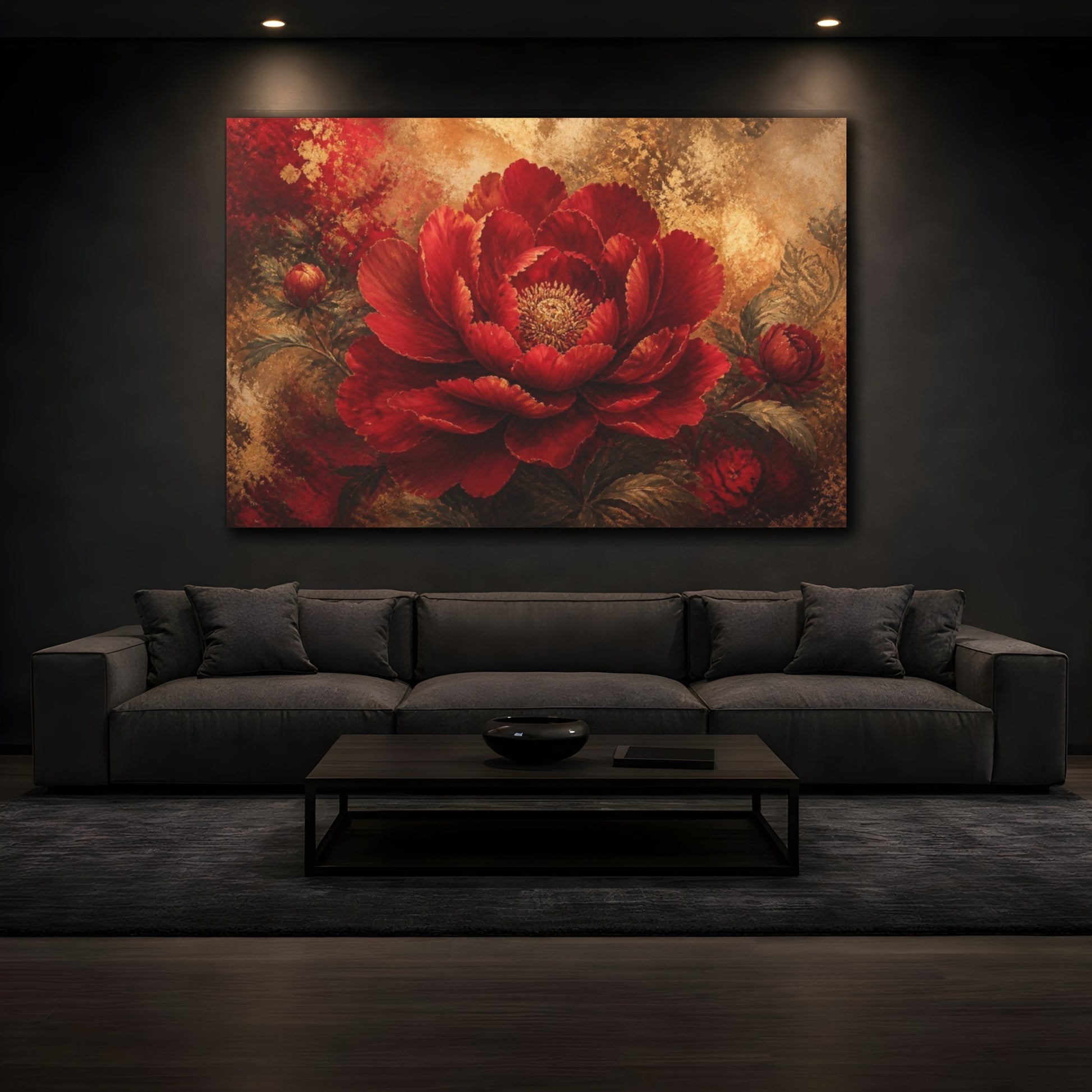 Mockup 3. Ruby Bloom In Gold shown as canvas print