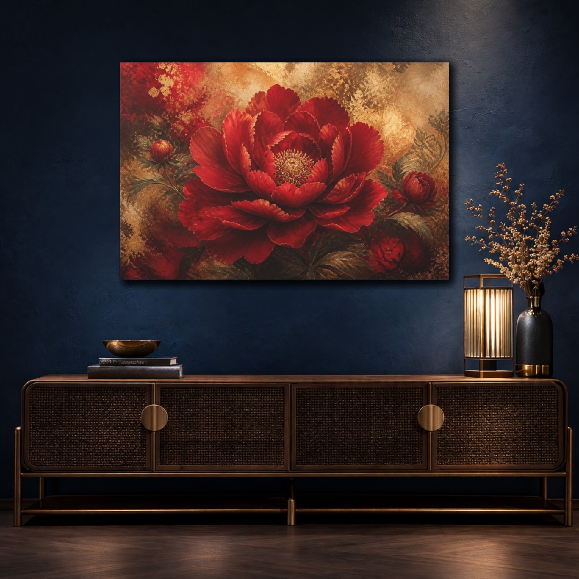Mockup 4. Ruby Bloom In Gold shown as canvas print