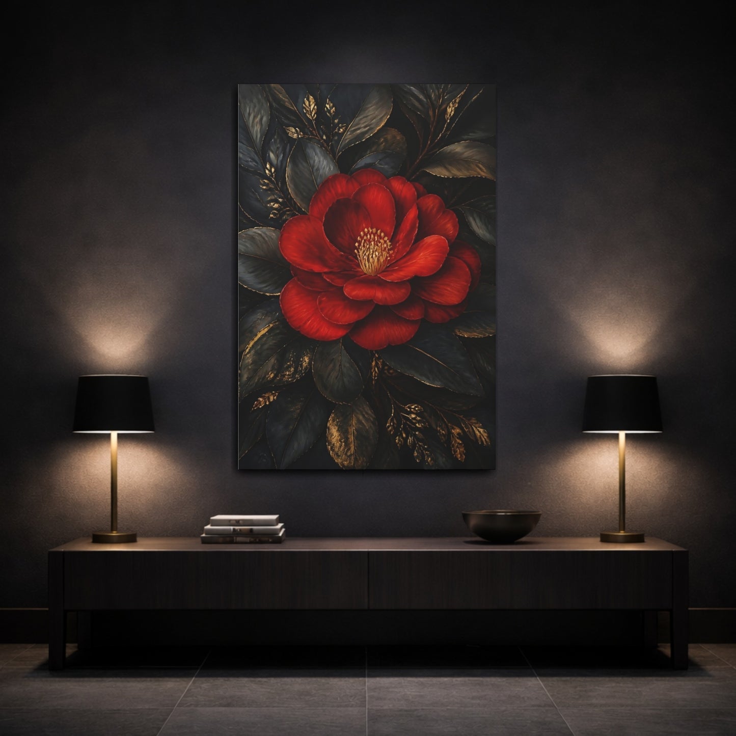 Mockup 3. Ruby Camellia Flower shown as canvas print