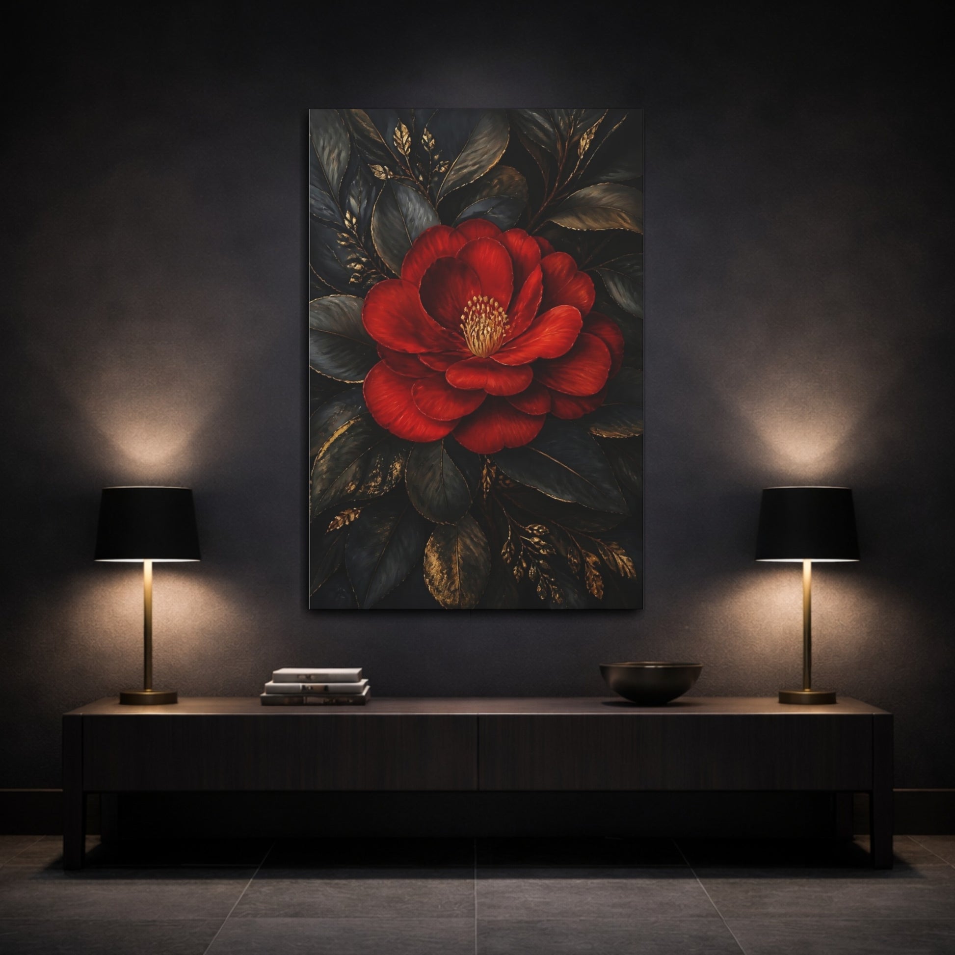 Mockup 3. Ruby Camellia Flower shown as canvas print