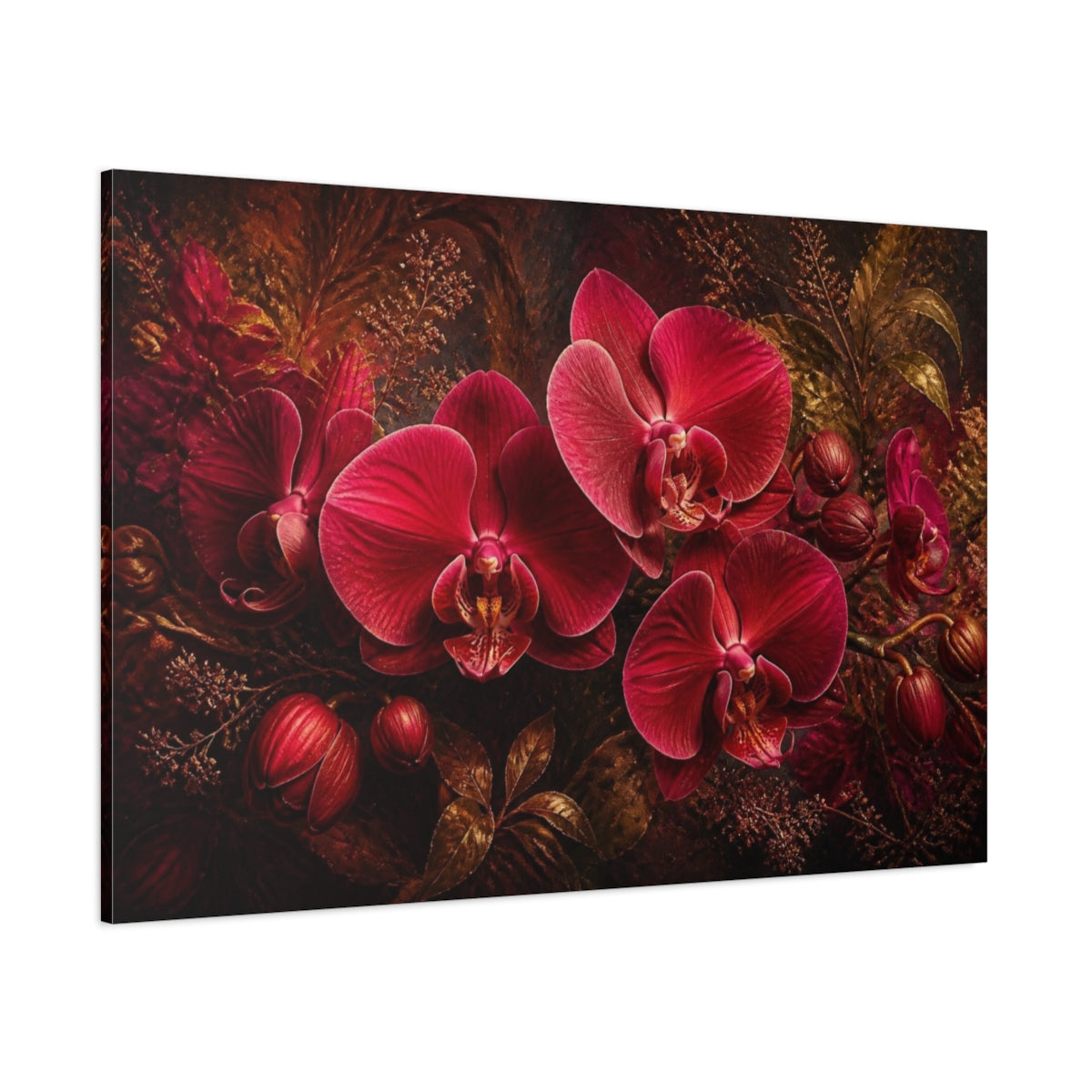Side Mockup 1. Ruby Orchid Floral Study shown as canvas print