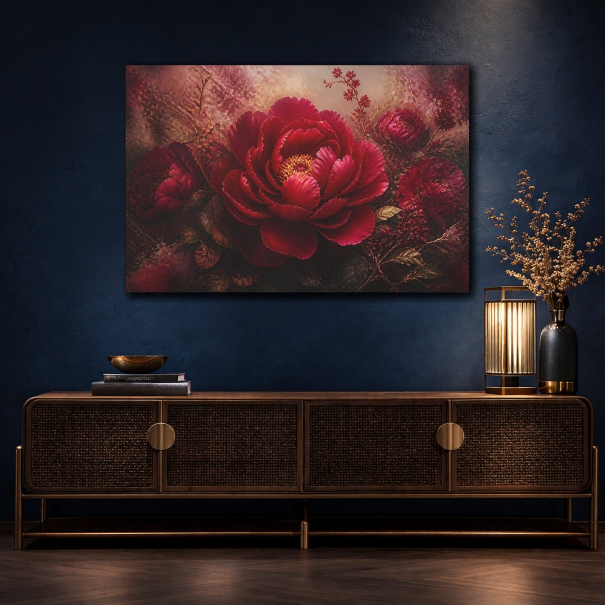 Ruby Peony Floral Bloom Canvas Print – Living Room, Above Couch, Red & Gold - YesArtYes