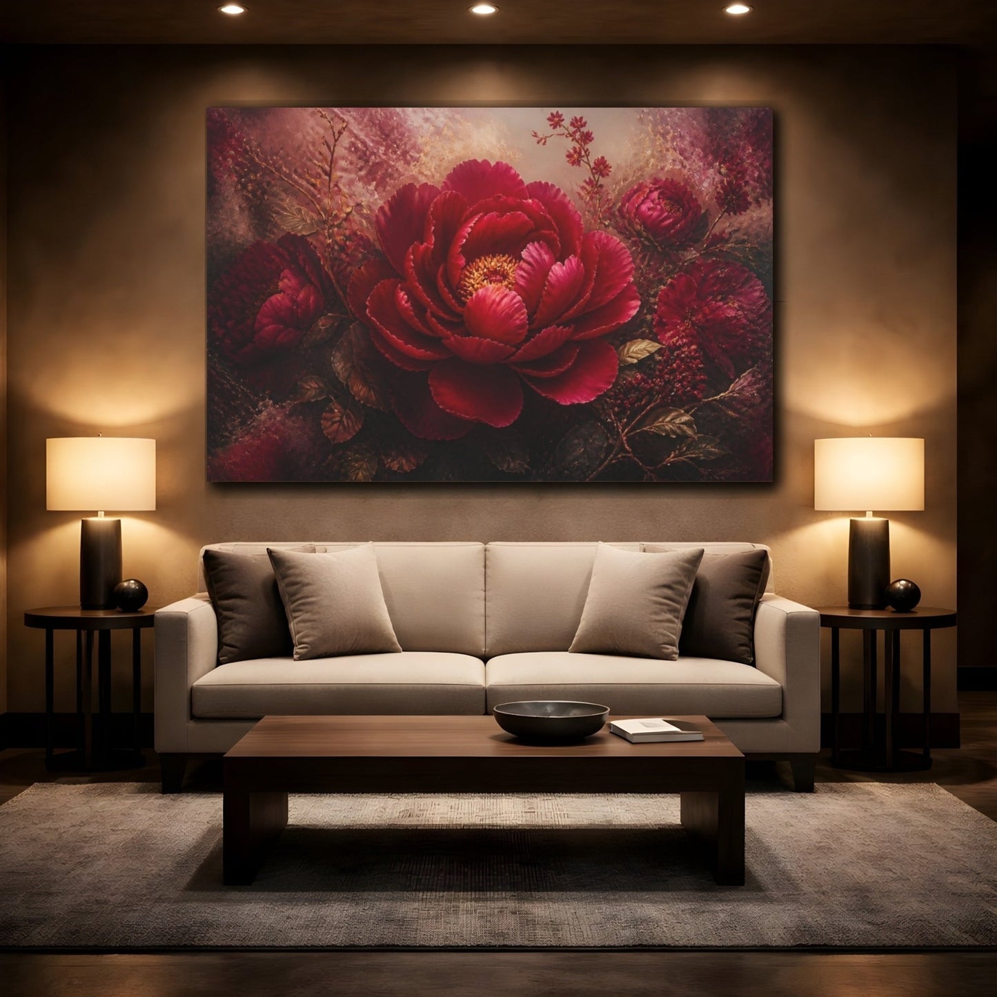 Ruby Peony Floral Bloom Canvas Print – Living Room, Above Couch, Red & Gold - YesArtYes
