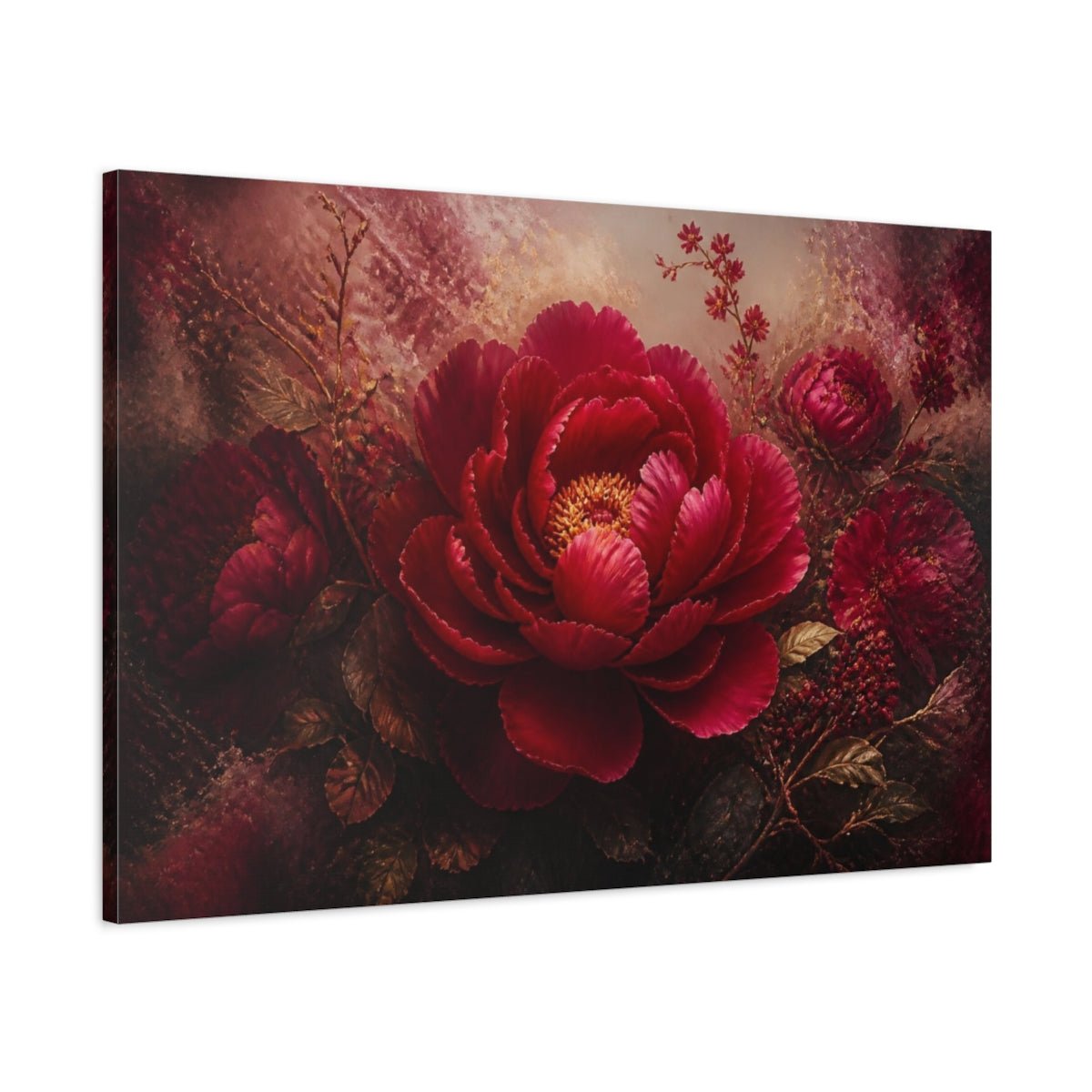 Ruby Peony Floral Bloom Canvas Print – Living Room, Above Couch, Red & Gold - YesArtYes