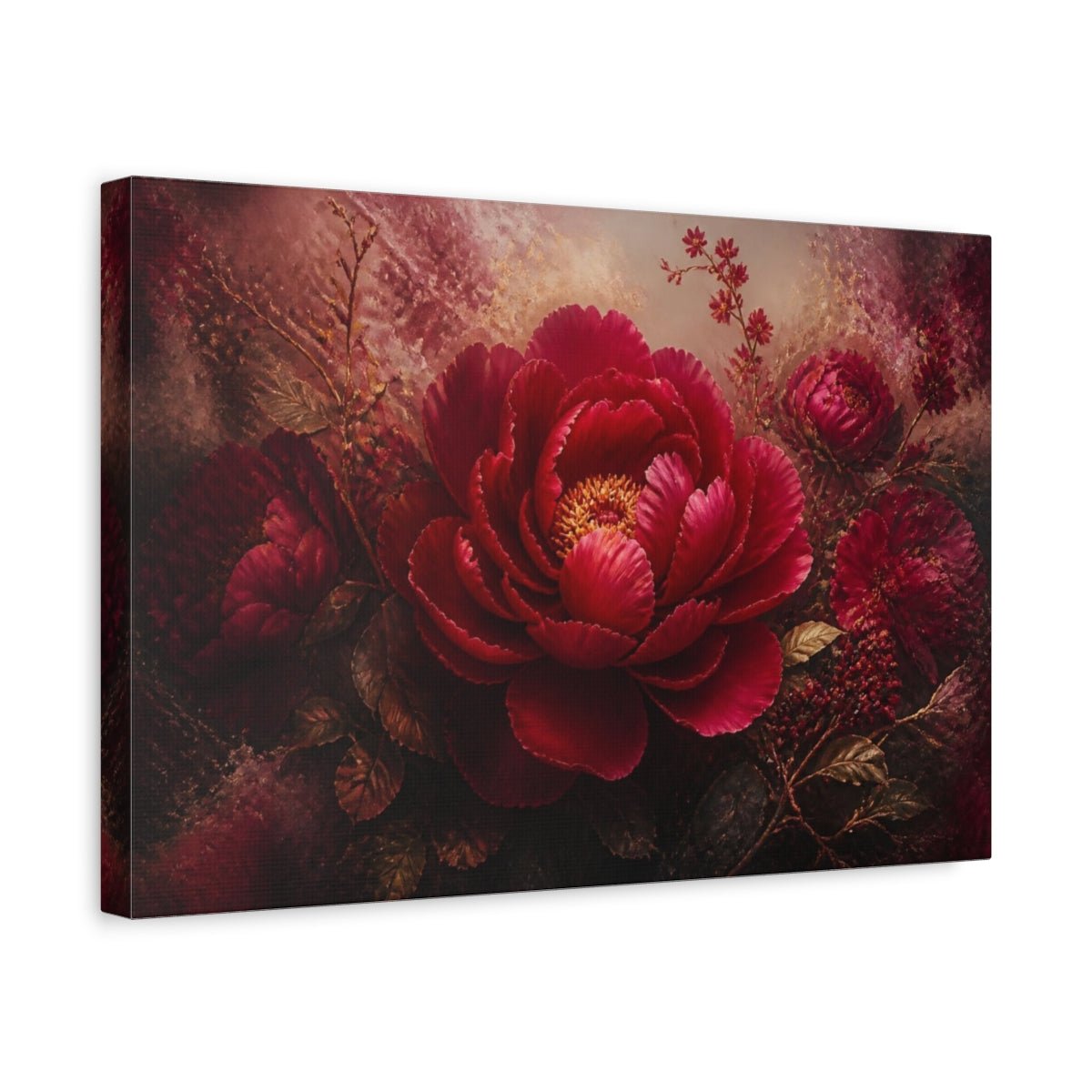 Ruby Peony Floral Bloom Canvas Print – Living Room, Above Couch, Red & Gold - YesArtYes