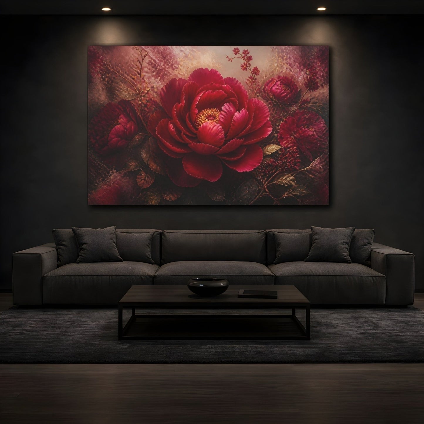 Ruby Peony Floral Bloom Canvas Print – Living Room, Above Couch, Red & Gold - YesArtYes