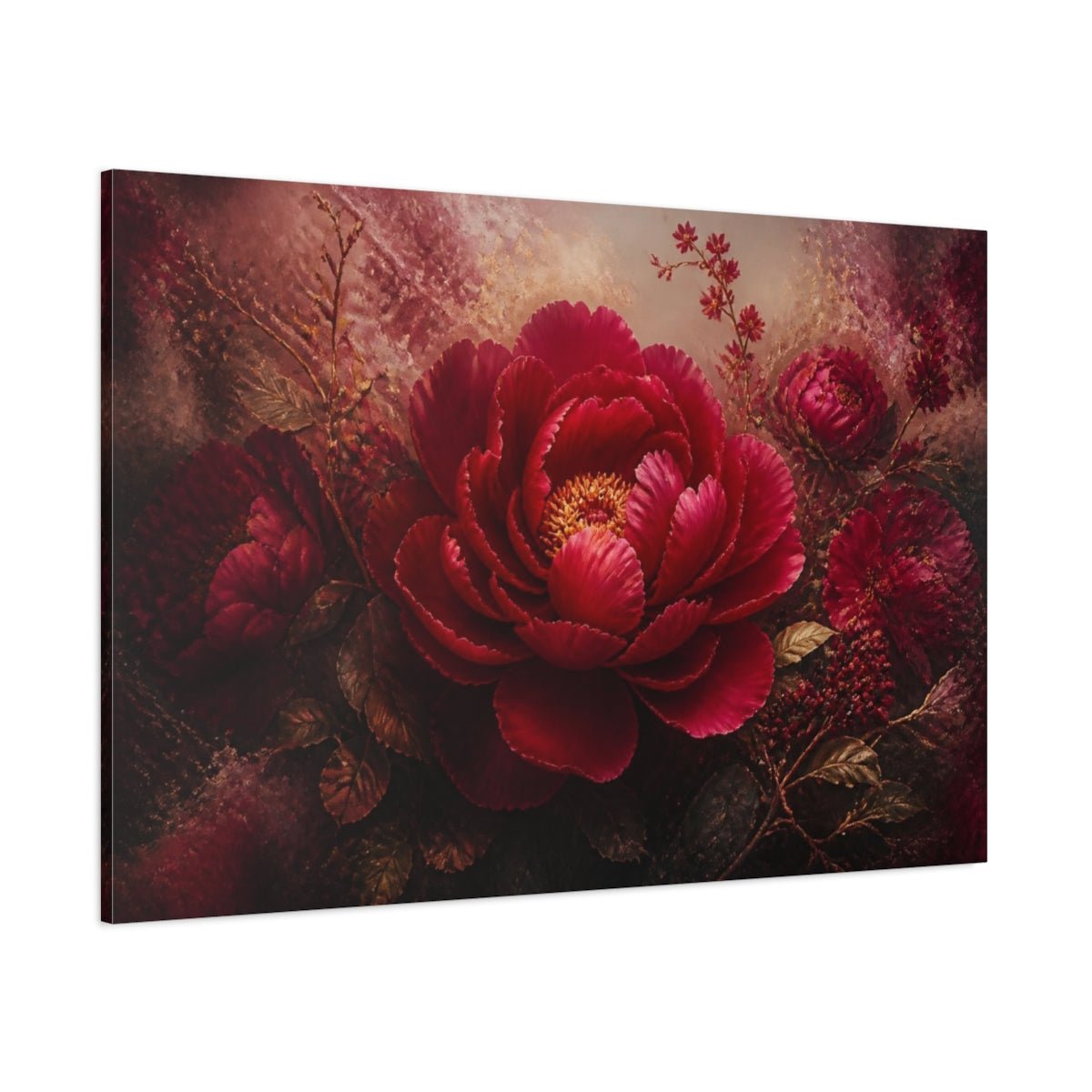 Ruby Peony Floral Bloom Canvas Print – Living Room, Above Couch, Red & Gold - YesArtYes