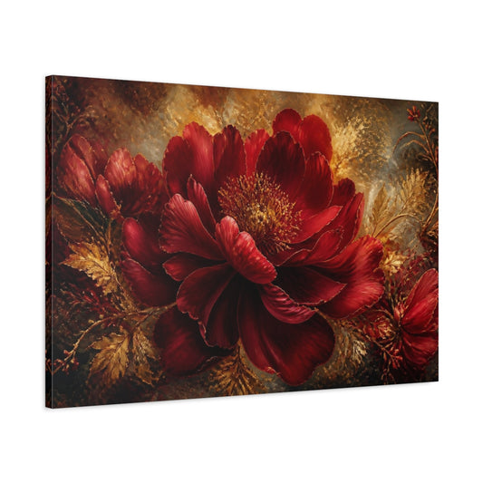 Main Mockup. Ruby Peony With Gold shown as canvas print