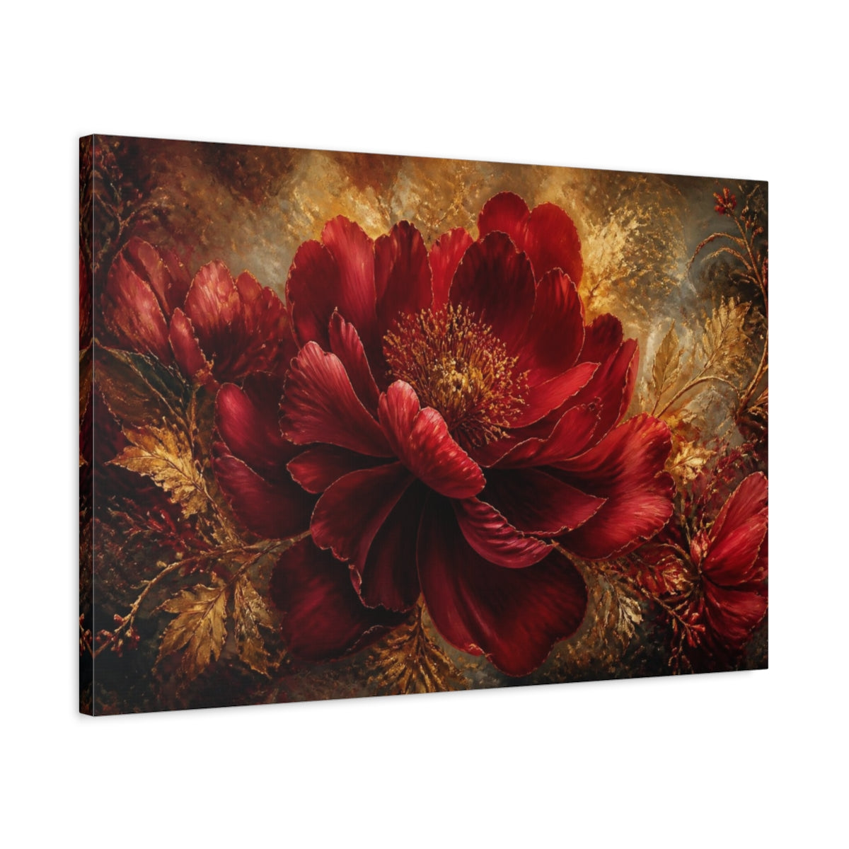Side Mockup 2. Ruby Peony With Gold shown as canvas print