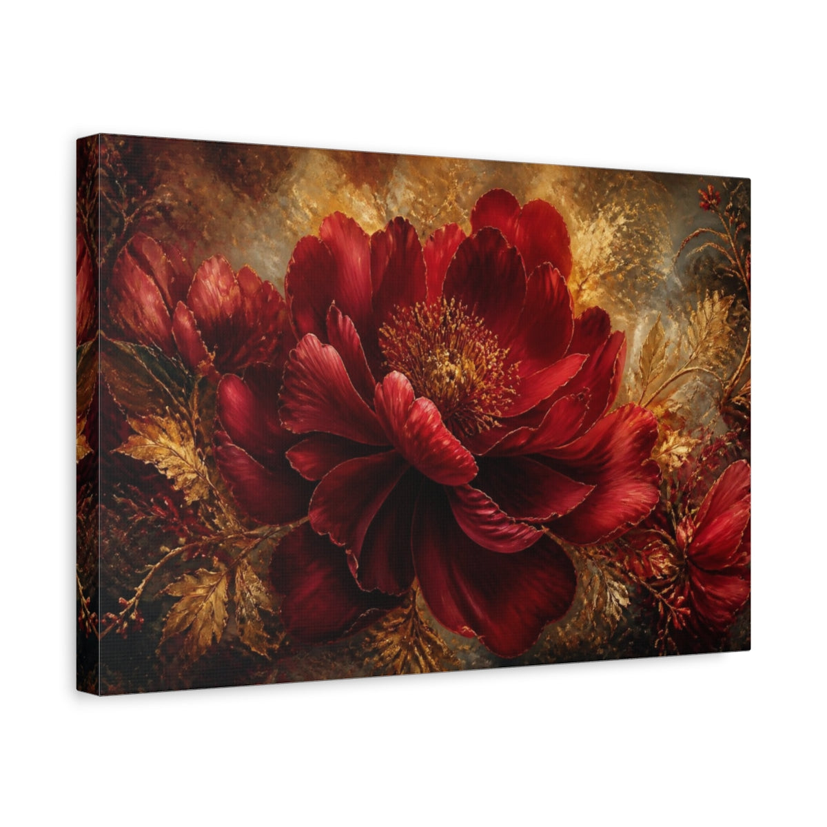 Side Mockup 4. Ruby Peony With Gold shown as canvas print