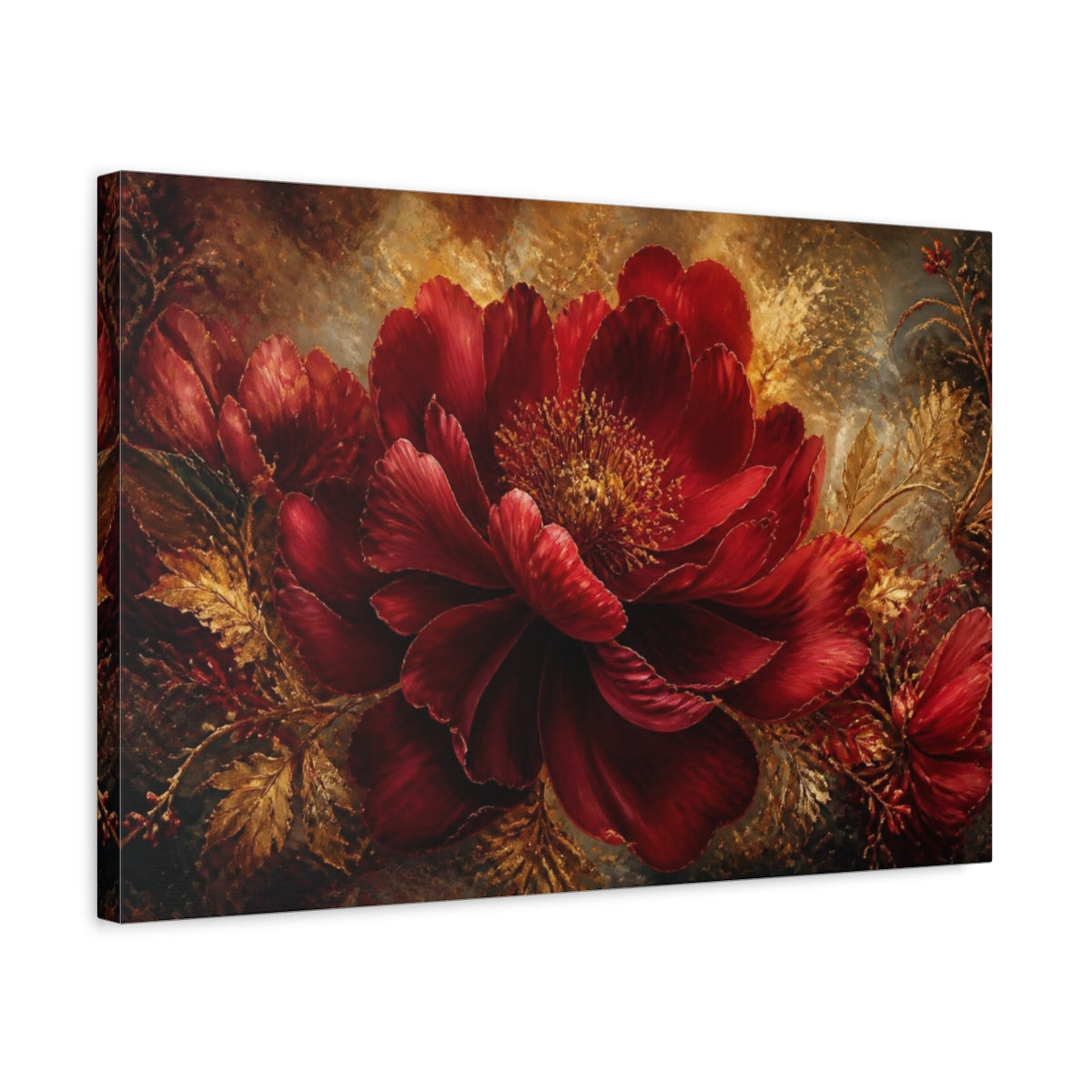 Side Mockup 3. Ruby Peony With Gold shown as canvas print