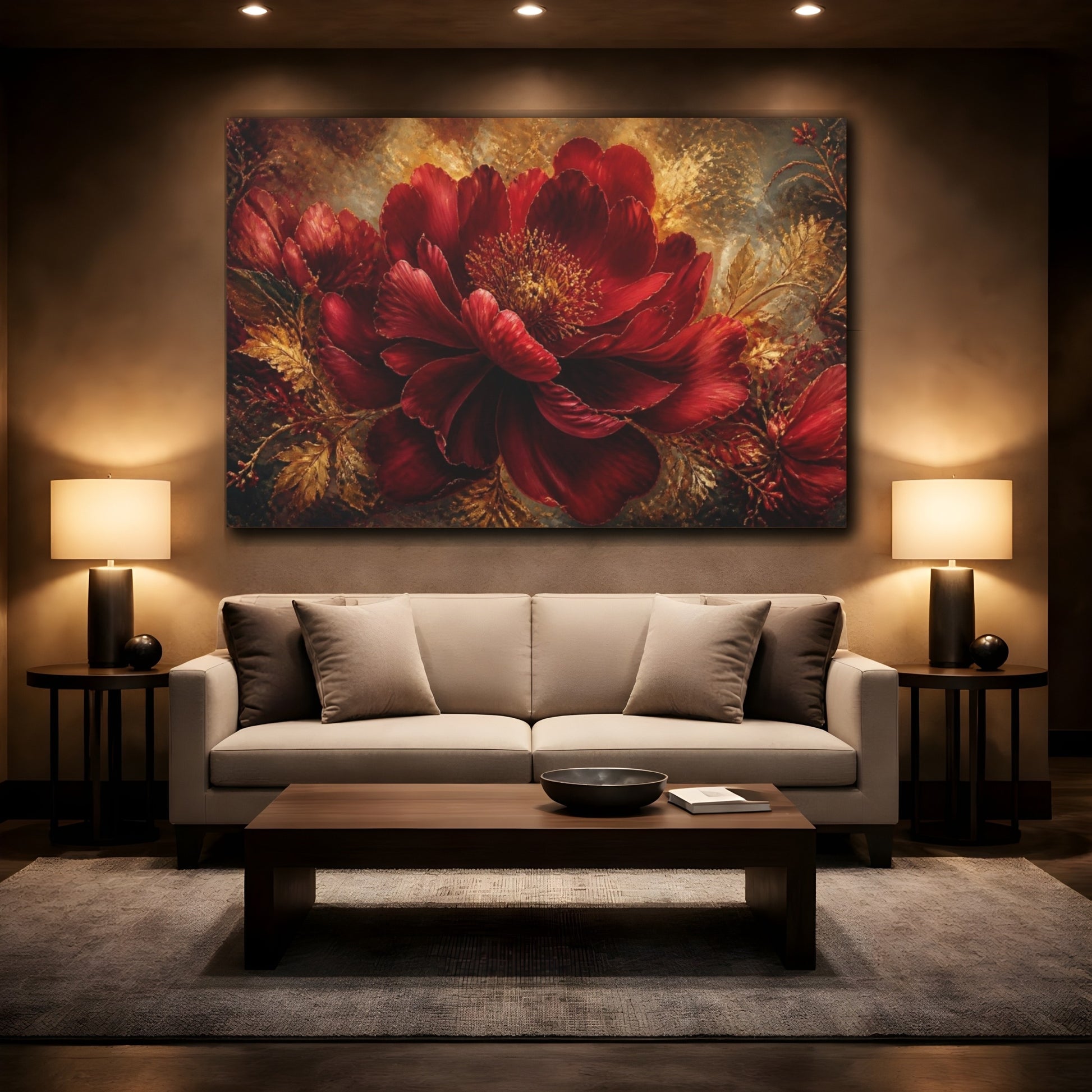 Mockup 2. Ruby Peony With Gold shown as canvas print
