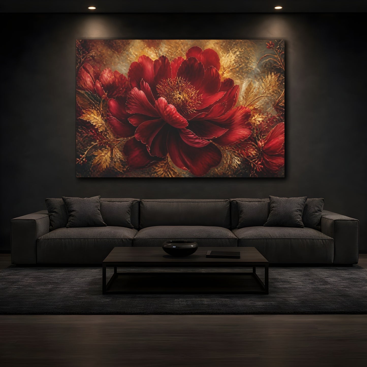 Mockup 3. Ruby Peony With Gold shown as canvas print