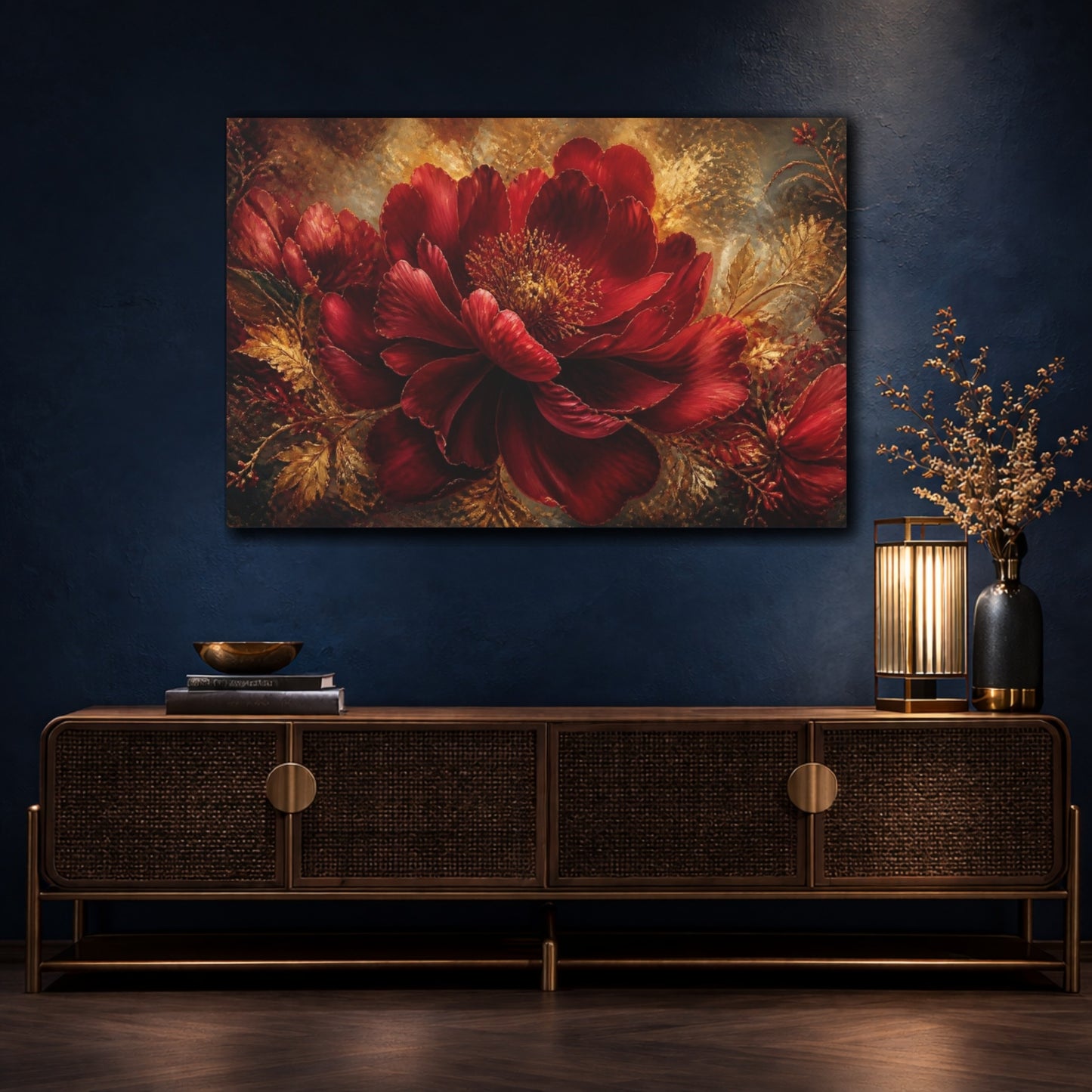 Mockup 4. Ruby Peony With Gold shown as canvas print