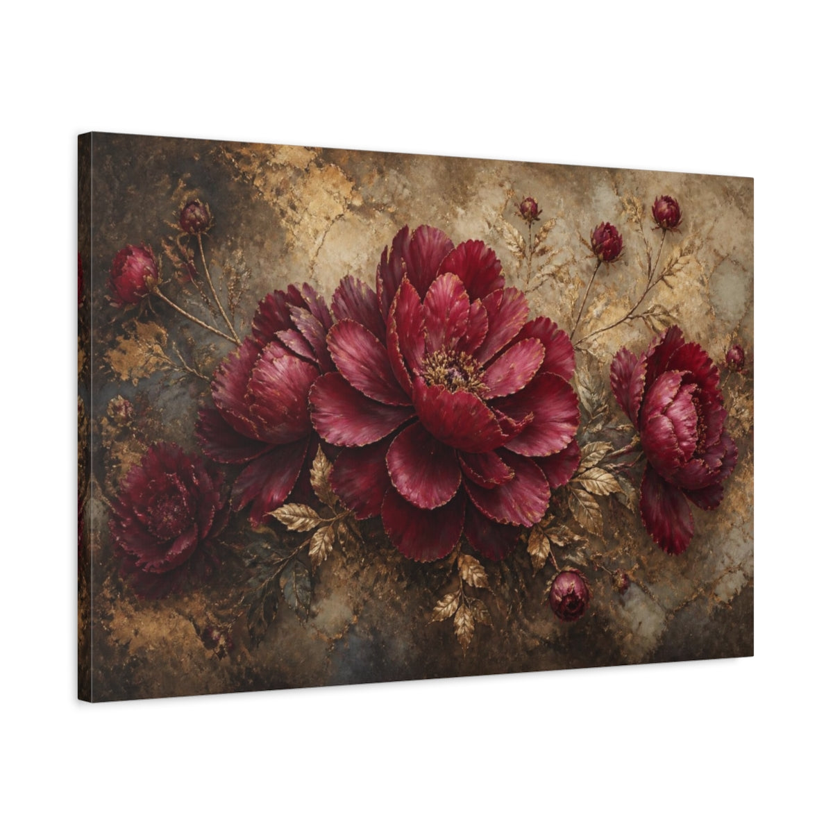 Side Mockup 2. Ruby Petals Unfolding shown as canvas print