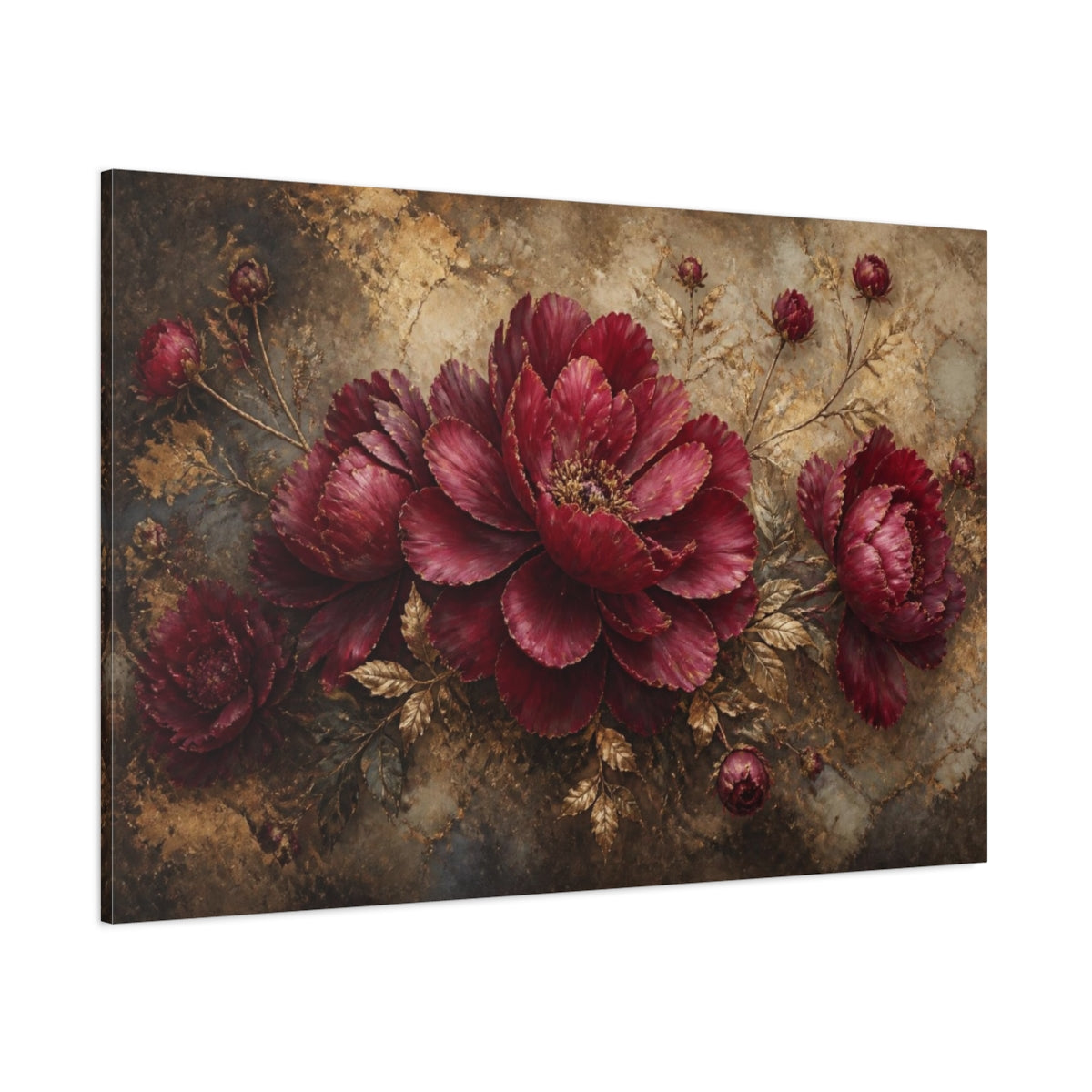 Side Mockup 1. Ruby Petals Unfolding shown as canvas print