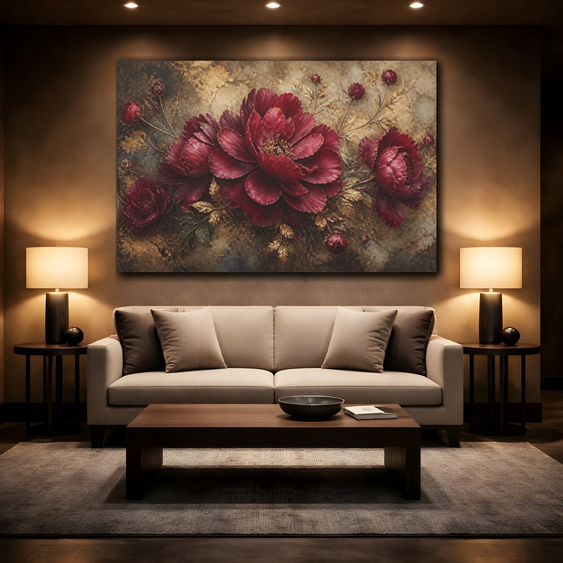 Mockup 2. Ruby Petals Unfolding shown as canvas print