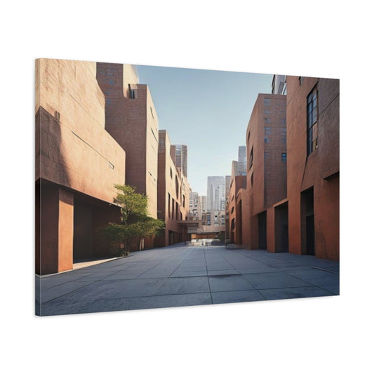 Main Mockup. Rust Courtyard Cityscape shown as canvas print
