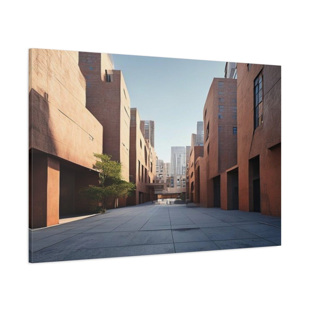 Side Mockup 1. Rust Courtyard Cityscape shown as canvas print