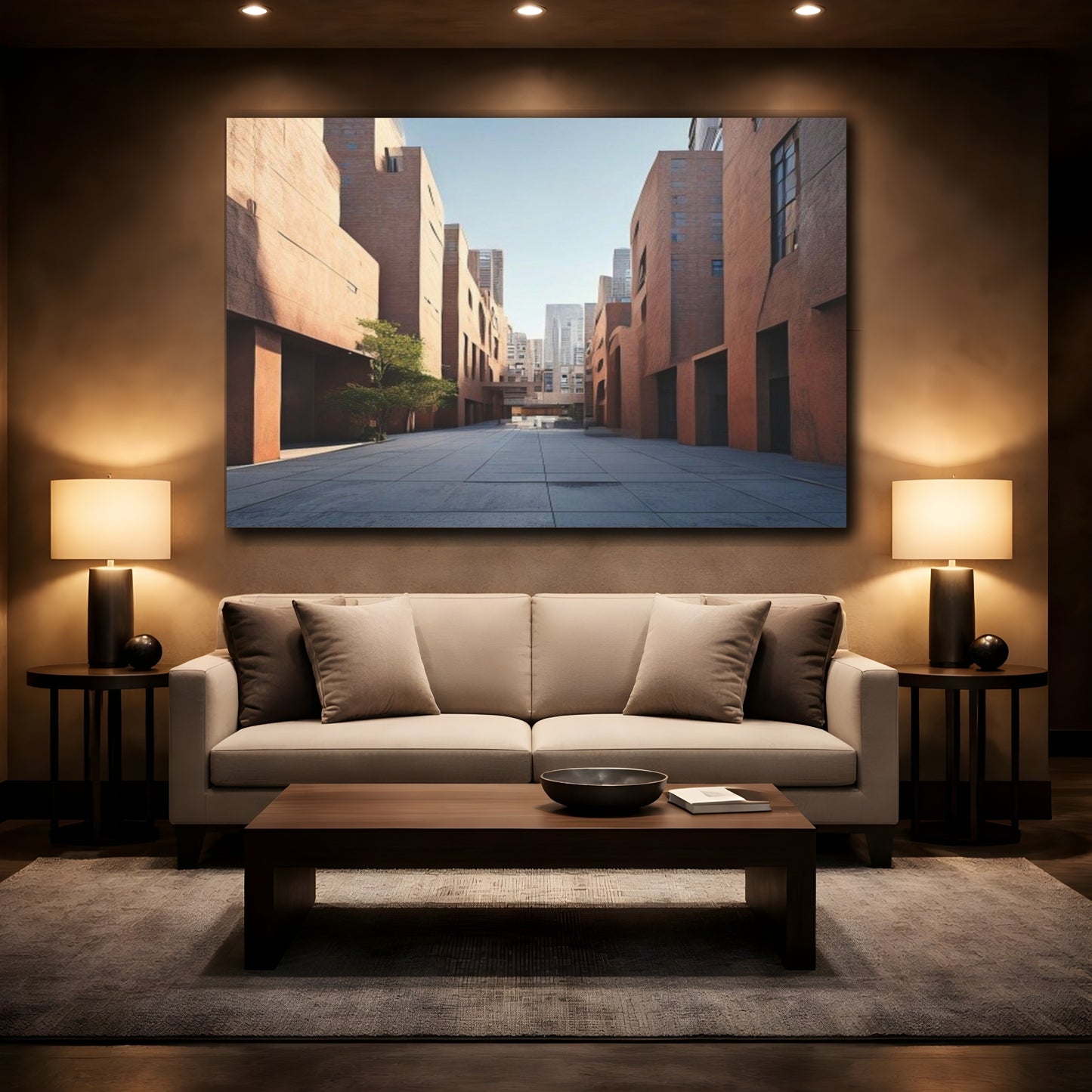 Mockup 2. Rust Courtyard Cityscape shown as canvas print