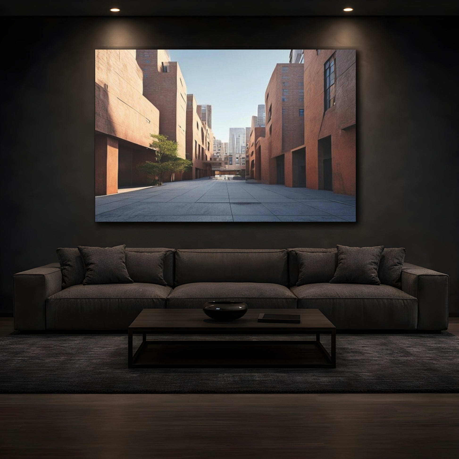 Mockup 3. Rust Courtyard Cityscape shown as canvas print