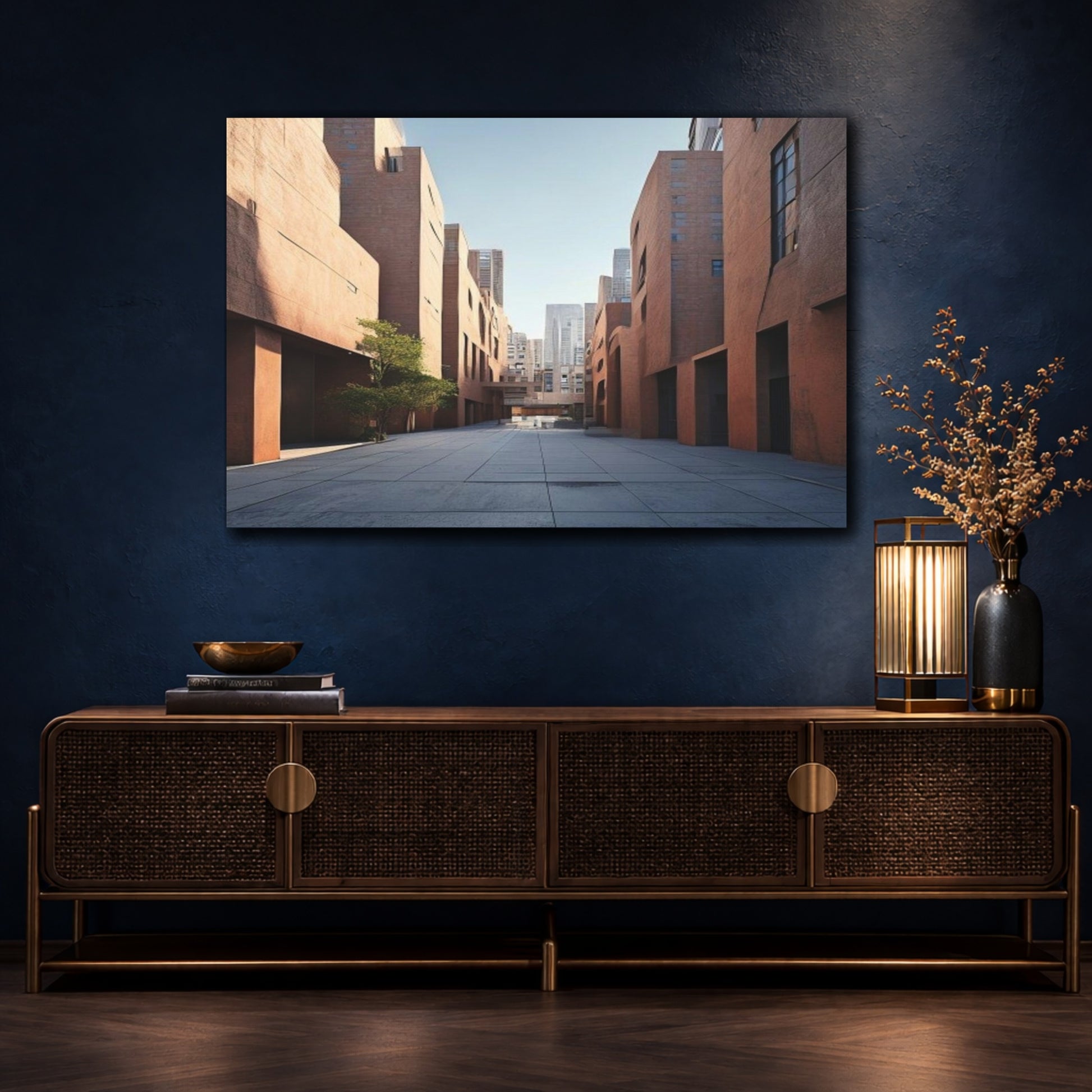 Mockup 4. Rust Courtyard Cityscape shown as canvas print