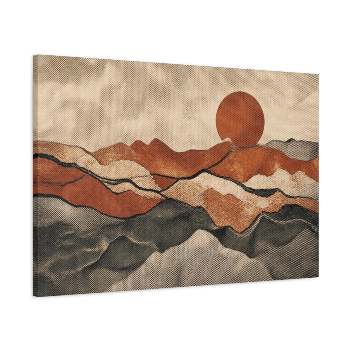 Main Mockup. Rust Layered Hills Sunset shown as canvas print