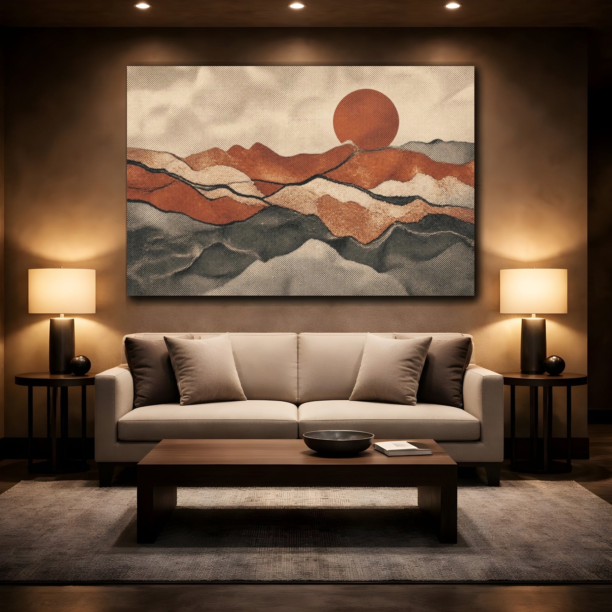 Mockup 2. Rust Layered Hills Sunset shown as canvas print
