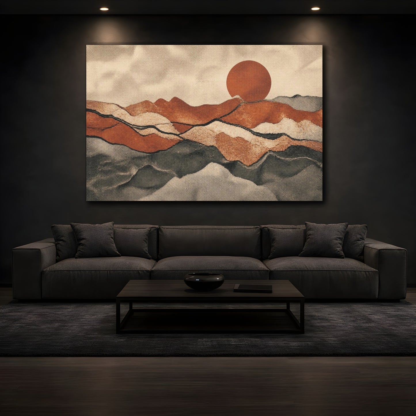 Mockup 3. Rust Layered Hills Sunset shown as canvas print