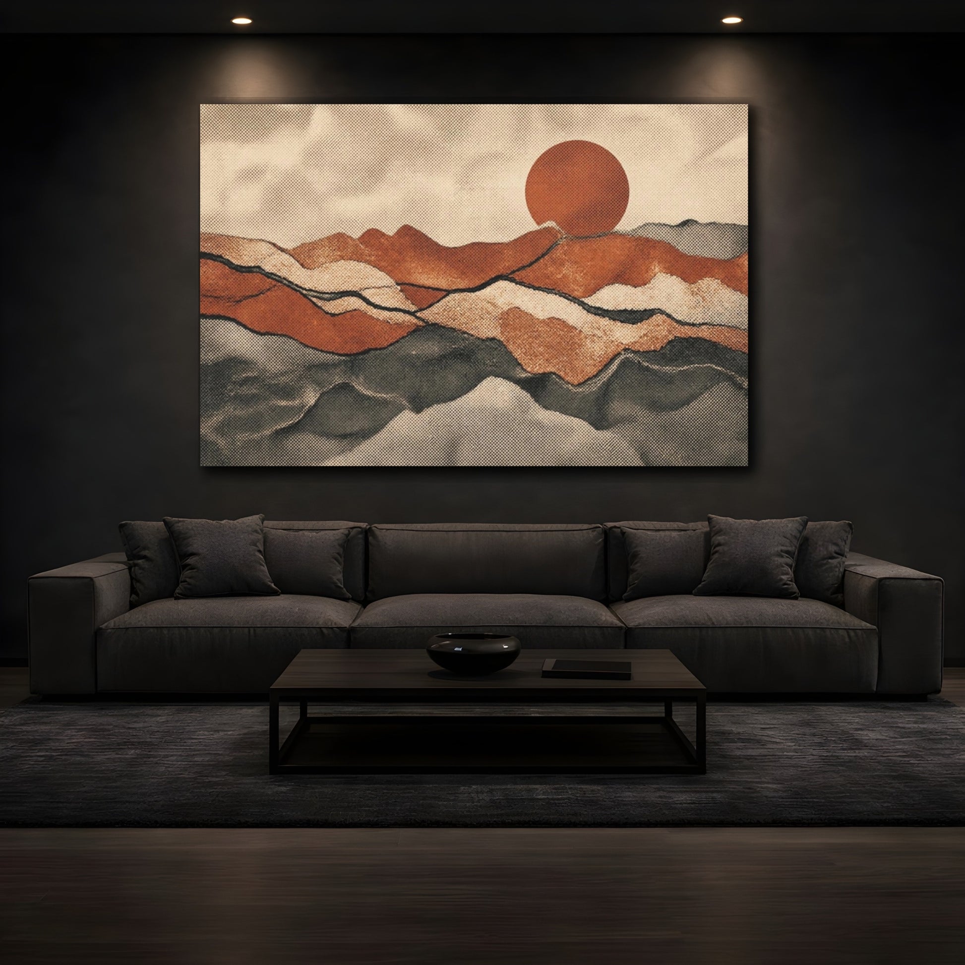 Mockup 3. Rust Layered Hills Sunset shown as canvas print
