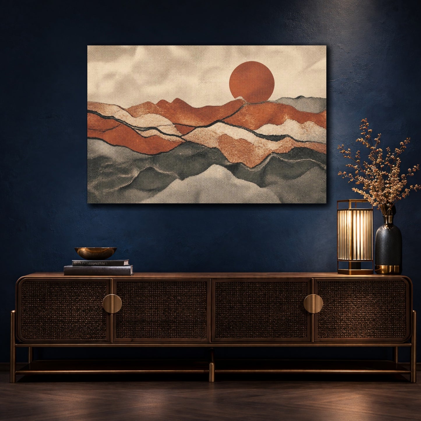 Mockup 4. Rust Layered Hills Sunset shown as canvas print