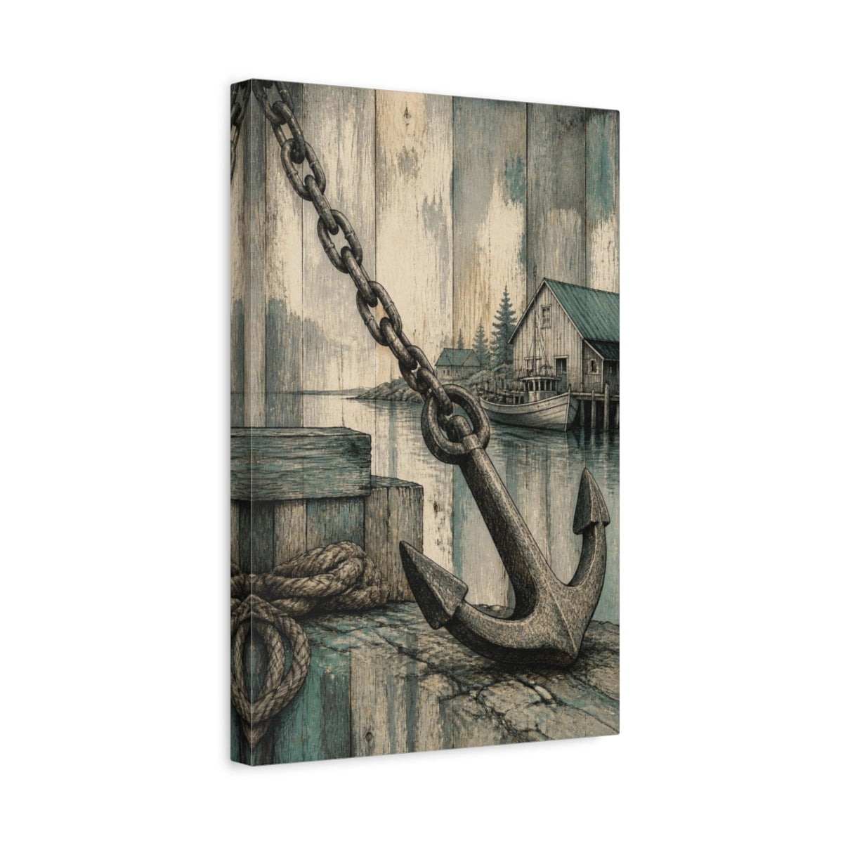 Side Mockup 4. Rustic Anchor Harbor shown as canvas print