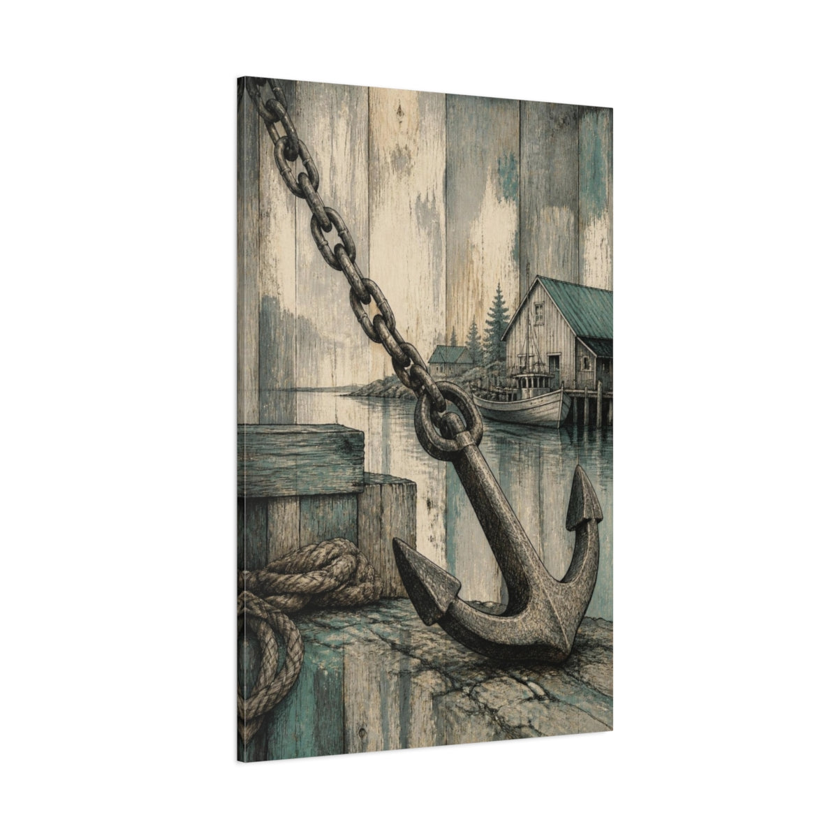 Side Mockup 1. Rustic Anchor Harbor shown as canvas print