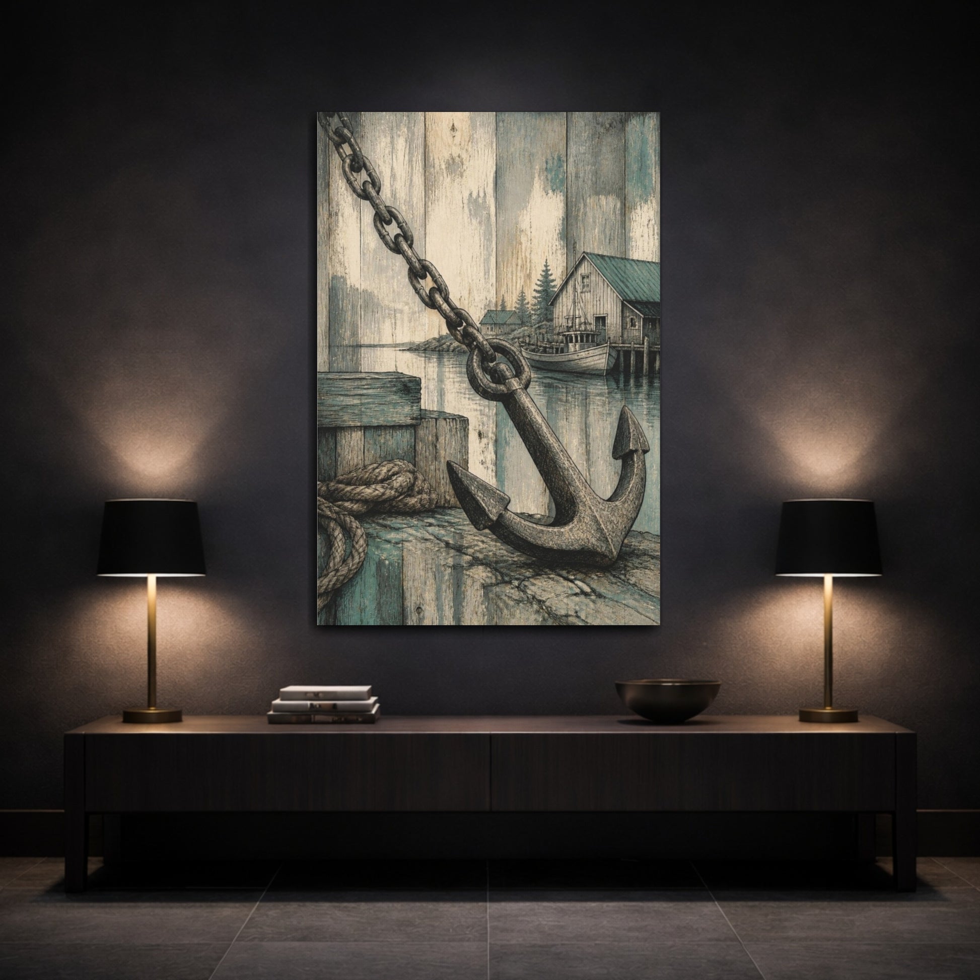 Mockup 3. Rustic Anchor Harbor shown as canvas print