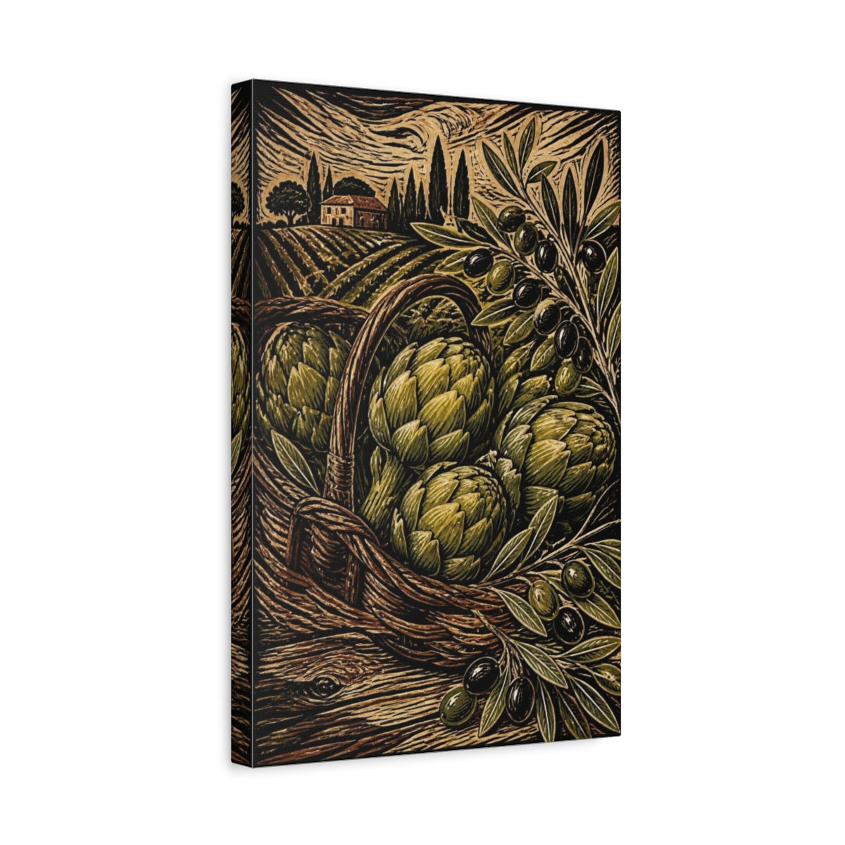 Side Mockup 4. Rustic Artichoke Harvest shown as canvas print