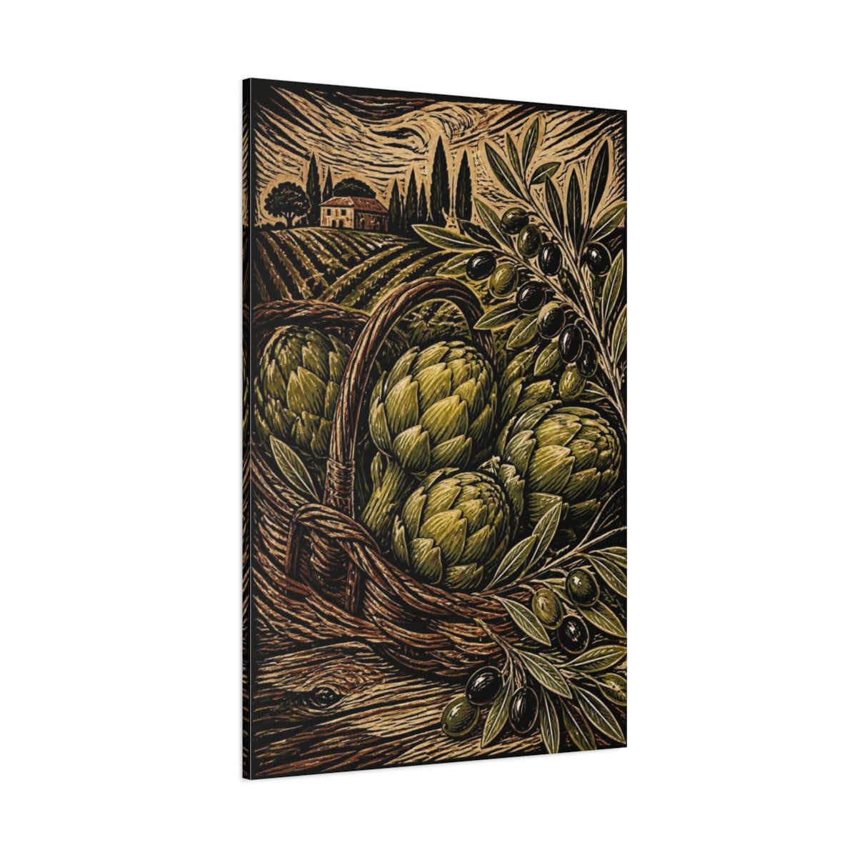 Side Mockup 1. Rustic Artichoke Harvest shown as canvas print