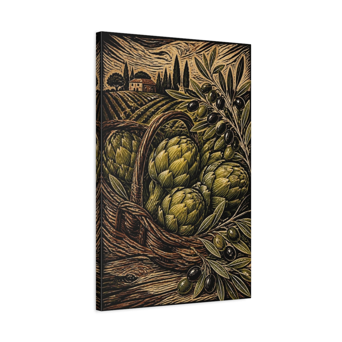 Side Mockup 2. Rustic Artichoke Harvest shown as canvas print