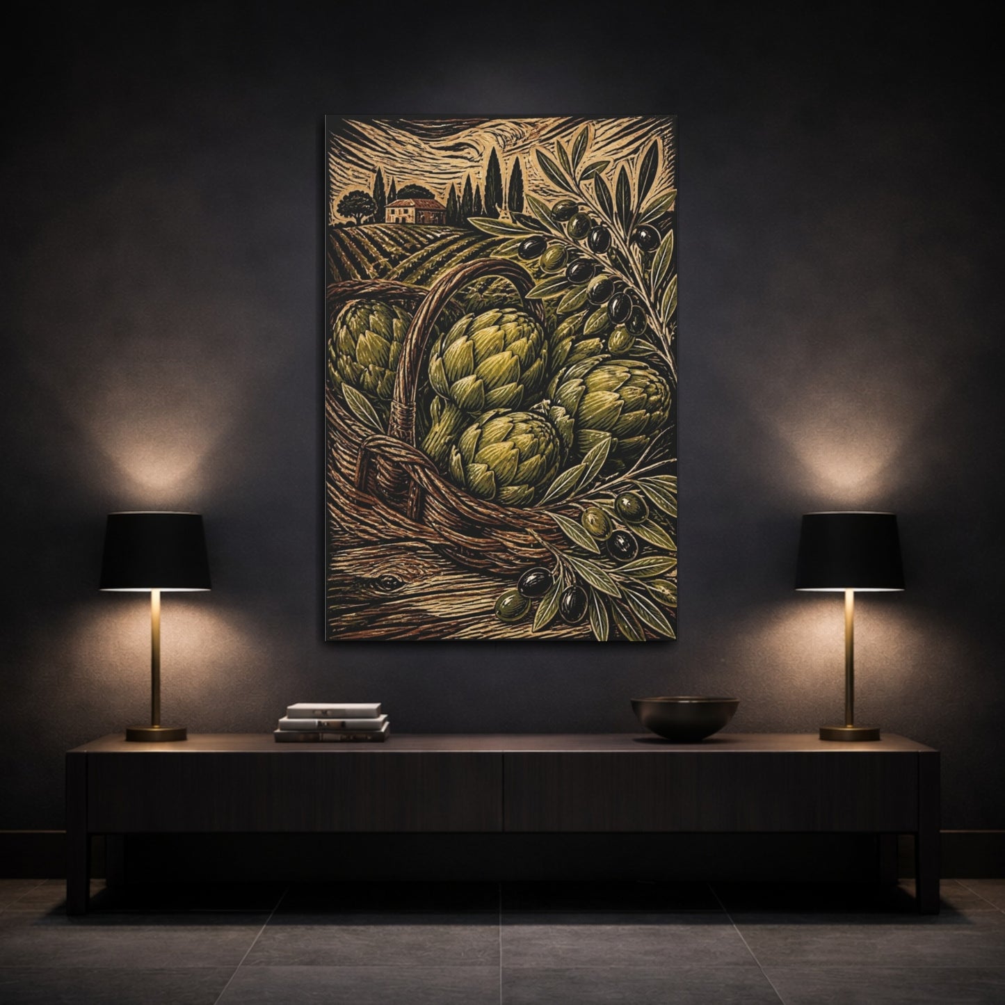 Mockup 3. Rustic Artichoke Harvest shown as canvas print