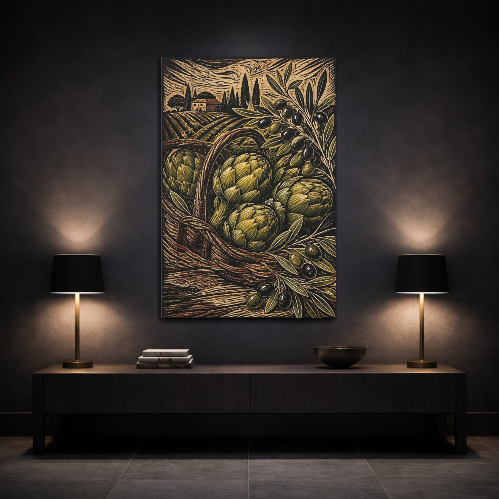 Mockup 3. Rustic Artichoke Harvest shown as canvas print