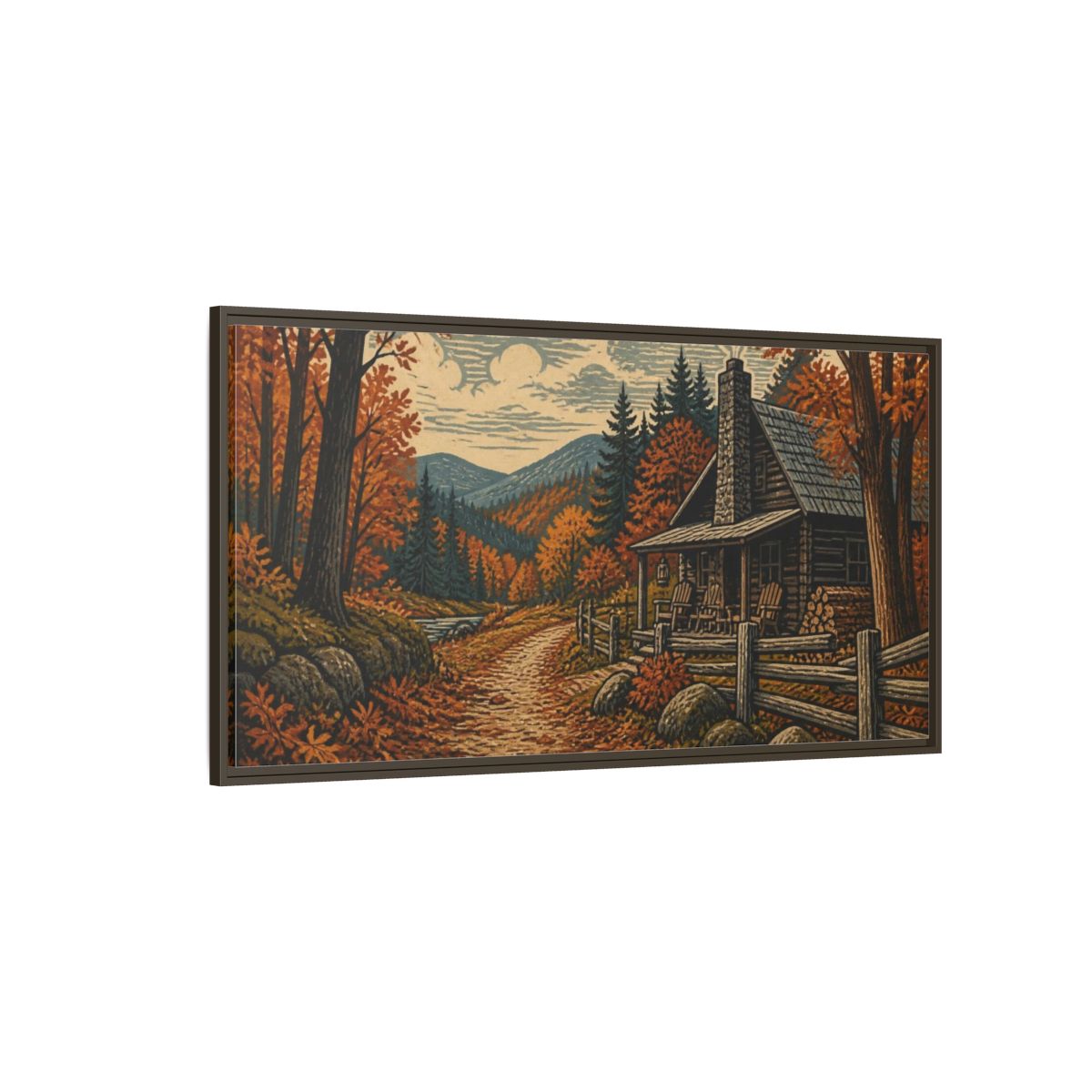 Side Mockup 4. Rustic Autumn Cabin Path shown as framed canvas print