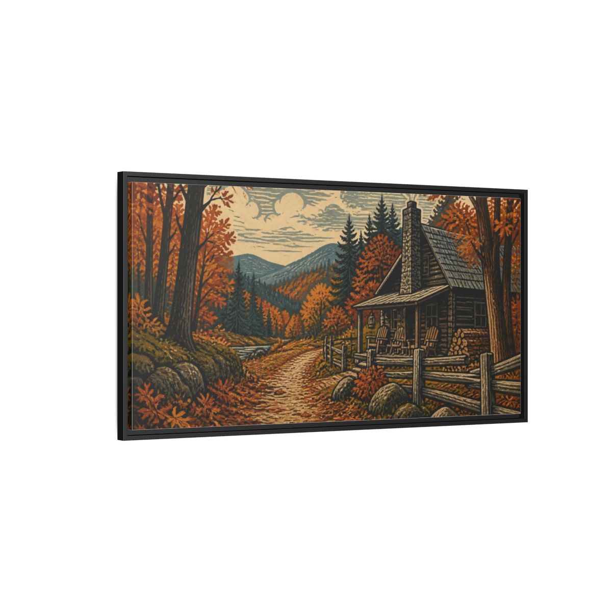 Side Mockup 5. Rustic Autumn Cabin Path shown as framed canvas print