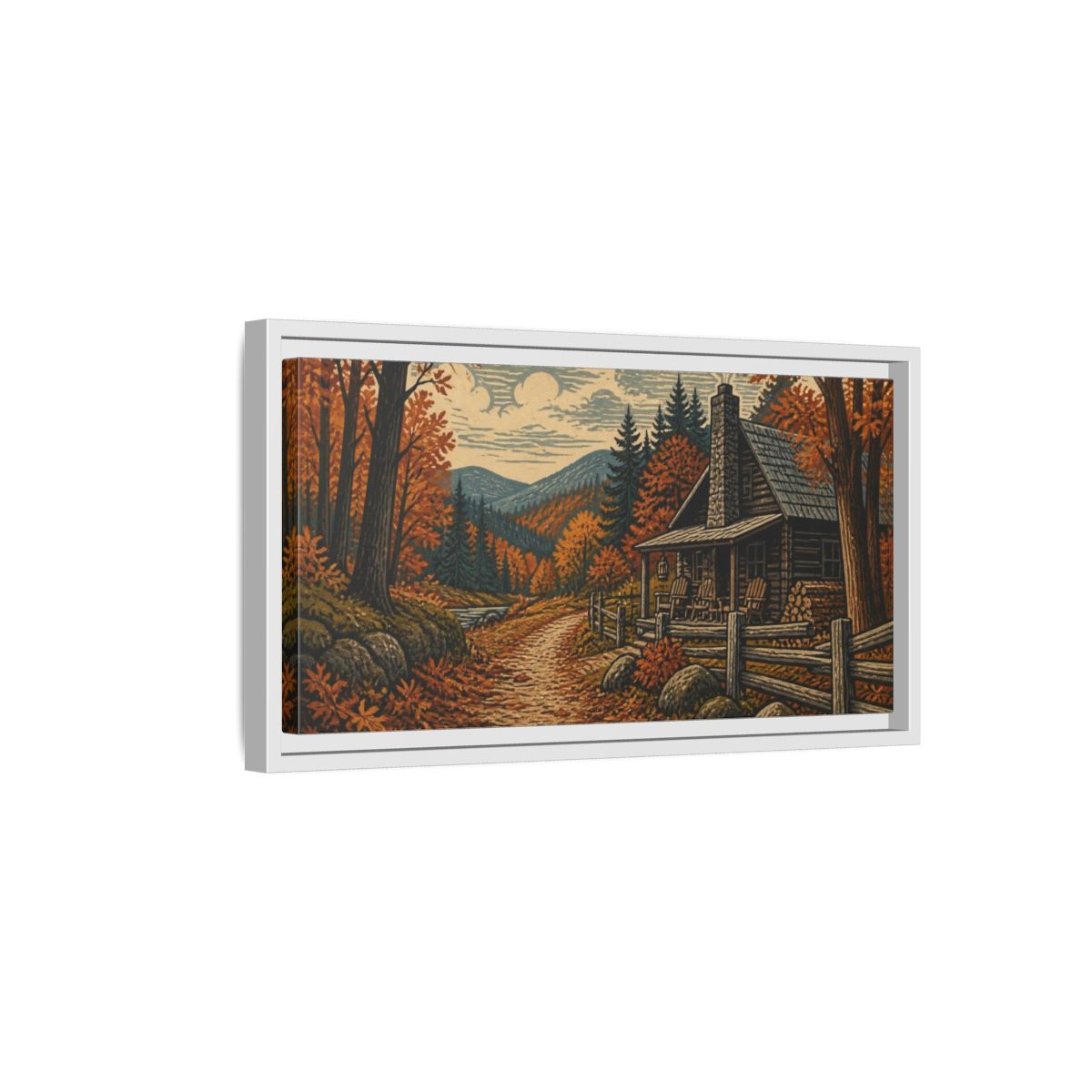 Side Mockup 6. Rustic Autumn Cabin Path shown as framed canvas print