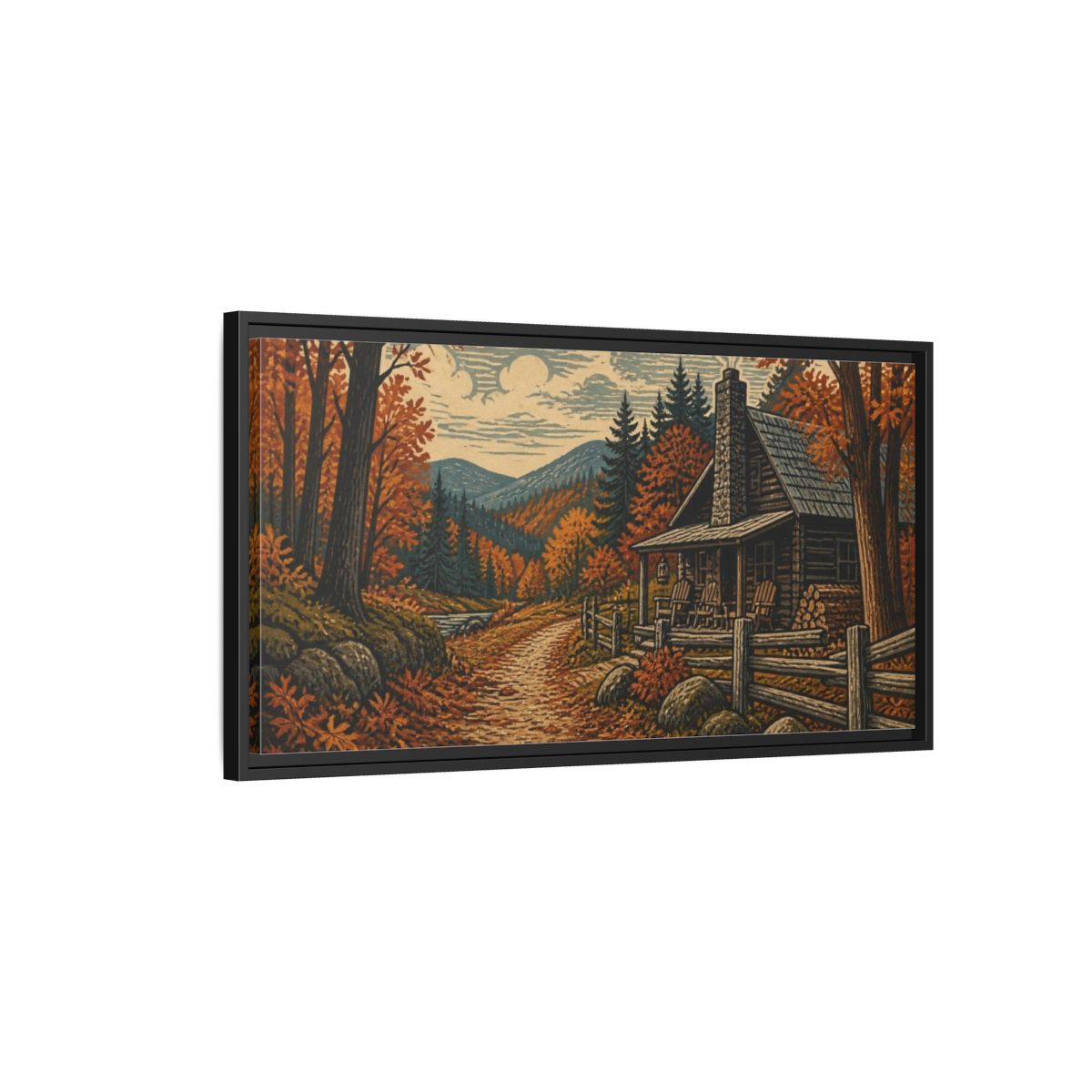Side Mockup 2. Rustic Autumn Cabin Path shown as framed canvas print