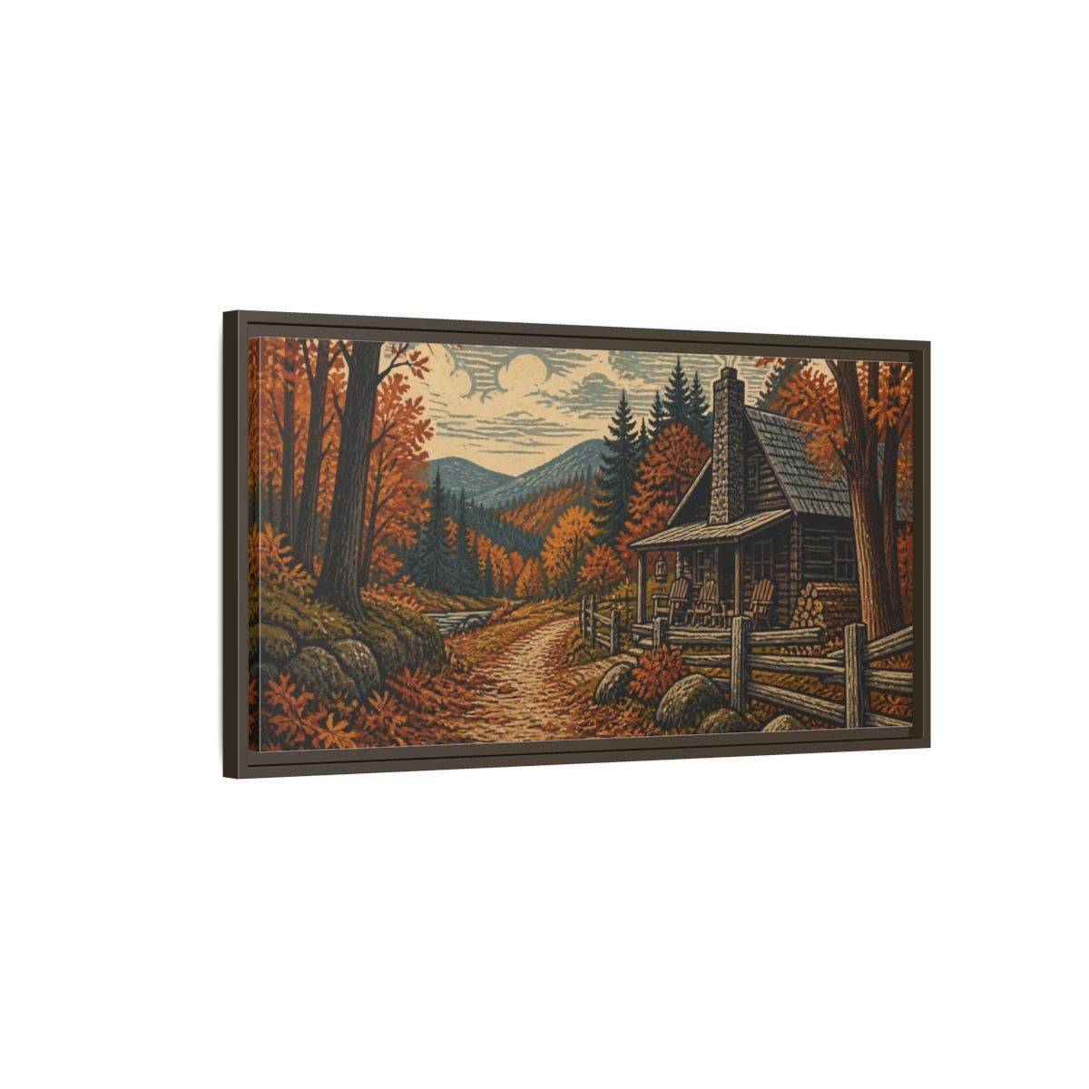 Main Mockup. Rustic Autumn Cabin Path shown as framed canvas print