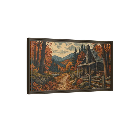 Main Mockup. Rustic Autumn Cabin Path shown as framed canvas print