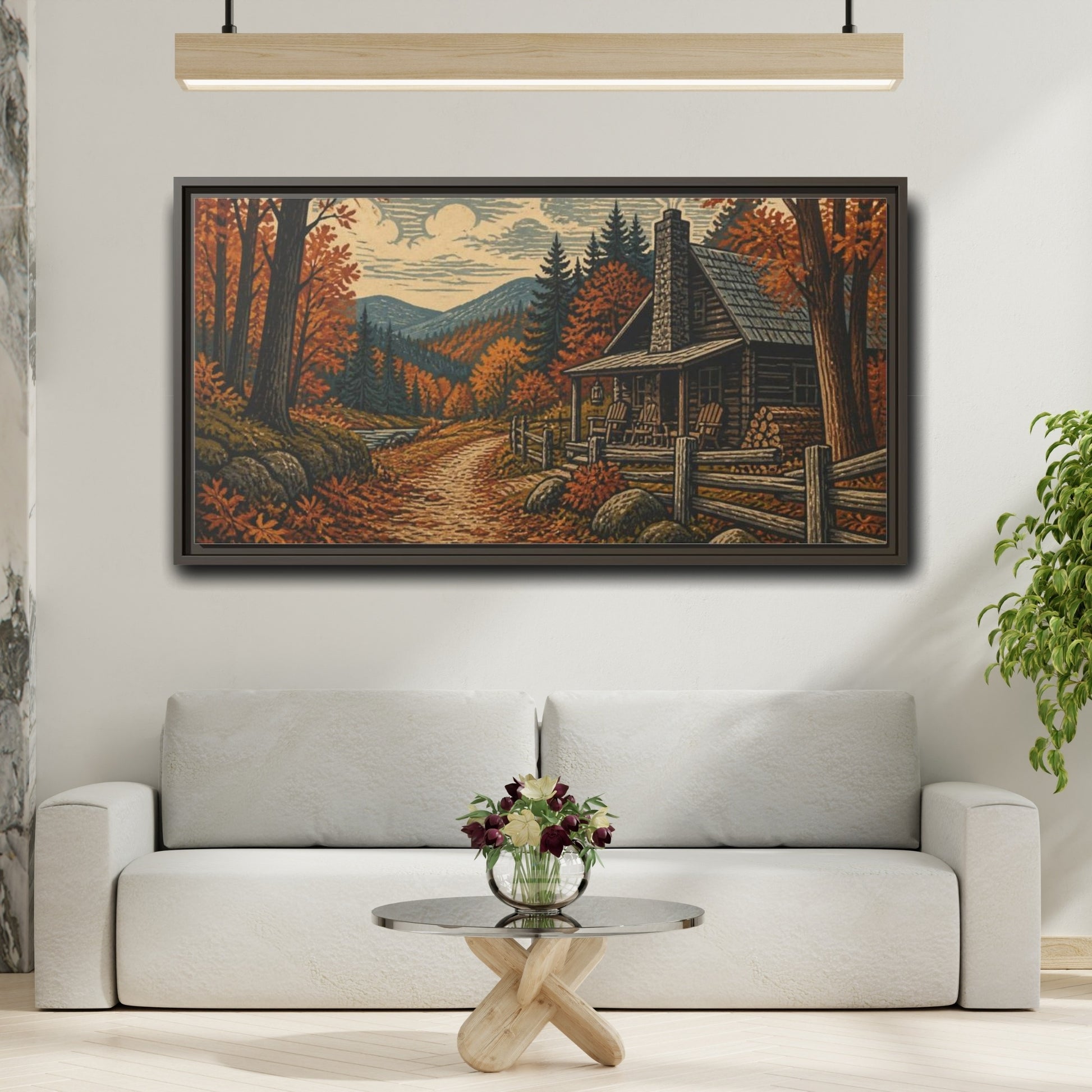 Mockup 2. Rustic Autumn Cabin Path shown as framed canvas print