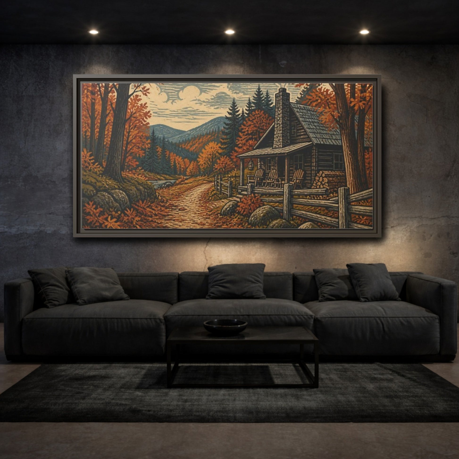 Mockup 3. Rustic Autumn Cabin Path shown as framed canvas print